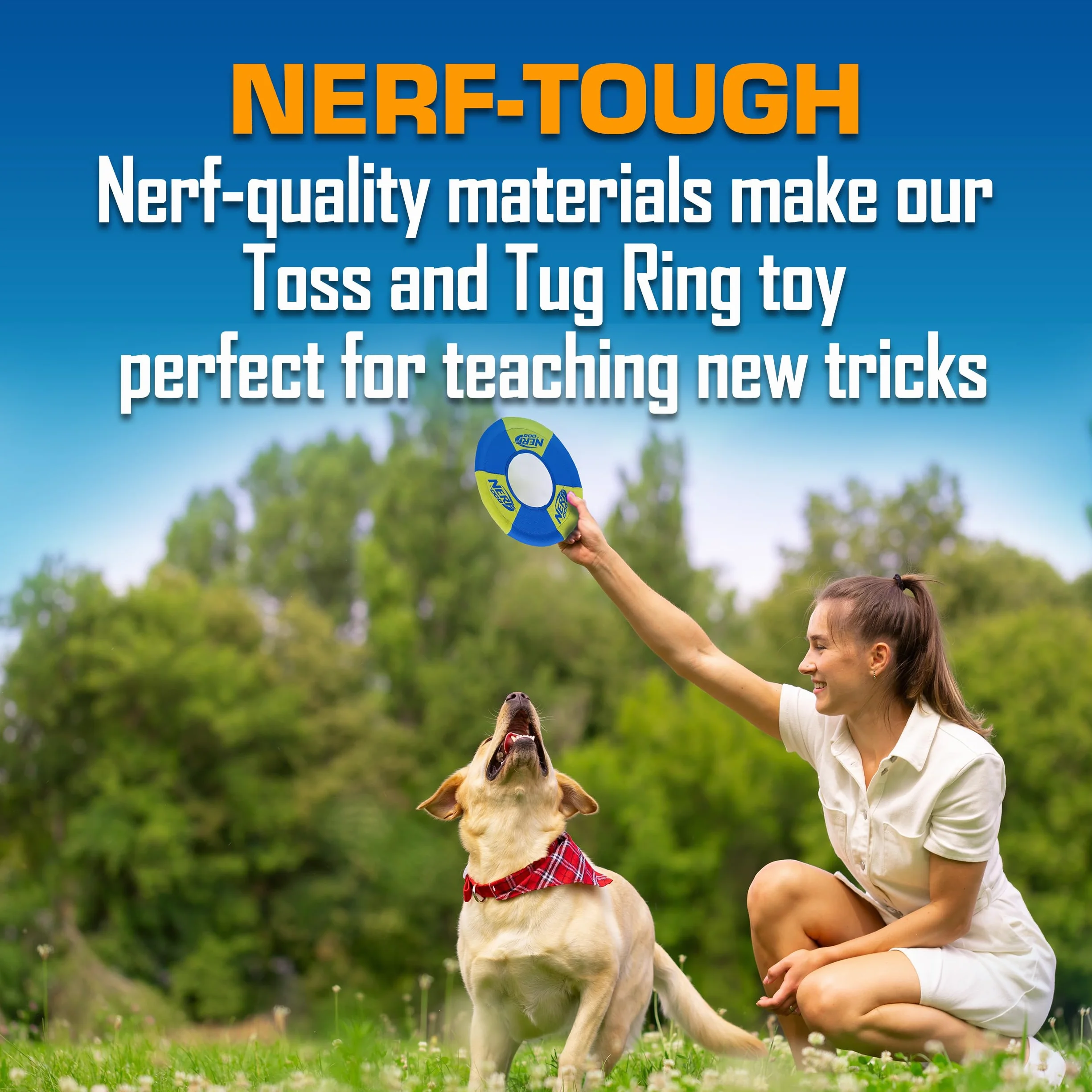 Nerf Dog Toss and Tug Ring zabawka dla psa, latający dysk, lekka, trwała i wodoodporna, średnica 22 cm, dla ras średnich/średnich, dwupak, zielony i pomarańczowy