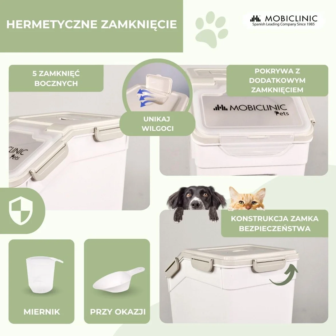 Mobiclinic®, Pojemnik na karmę, Dla zwierząt, Feedpet, Pojemność 20L / 8Kg, Hermetyczne zamknięcie, 23x25, 5x36, 5 cm, Zestaw z łopatką i miarką, Kołami, Przezroczyste okno