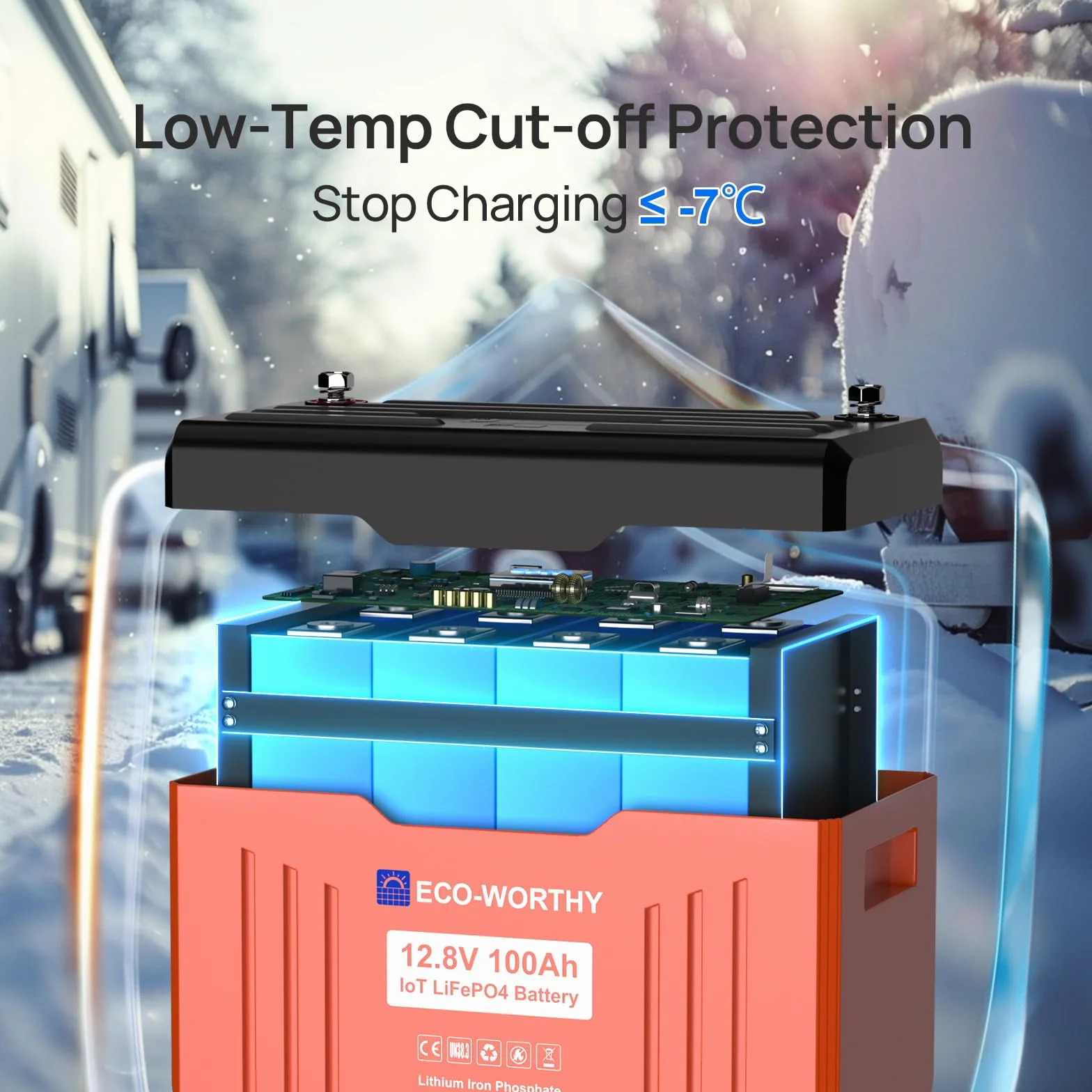 ECO-WORTHY LiFePO4 12 V 100 Ah z wyświetlaczem LED, akumulator litowy 12 V 100 Ah z ochroną przed niską temperaturą BMS i maks. 15000 cykli, 1280 Wh LiFePO4 12 V do kampera, panel słoneczny