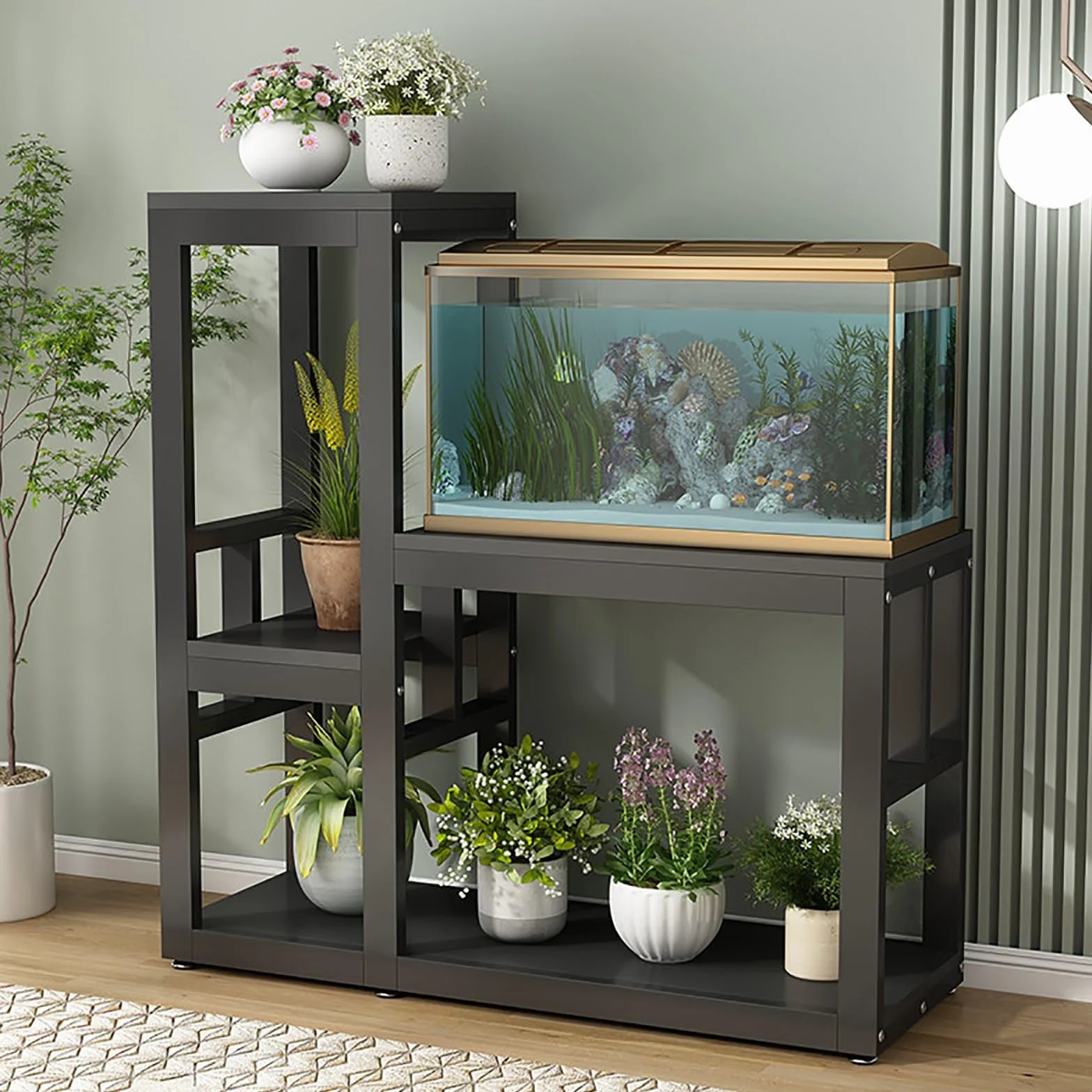 Stojak do akwarium, stojak na terrarium, z regałem do przechowywania, wytrzymały stojak na gady, nadaje się do użytku domowego i biurowego, idealny dla gadów, żółwi, ryb (czarny + czarny, 47,2 x 30 cm