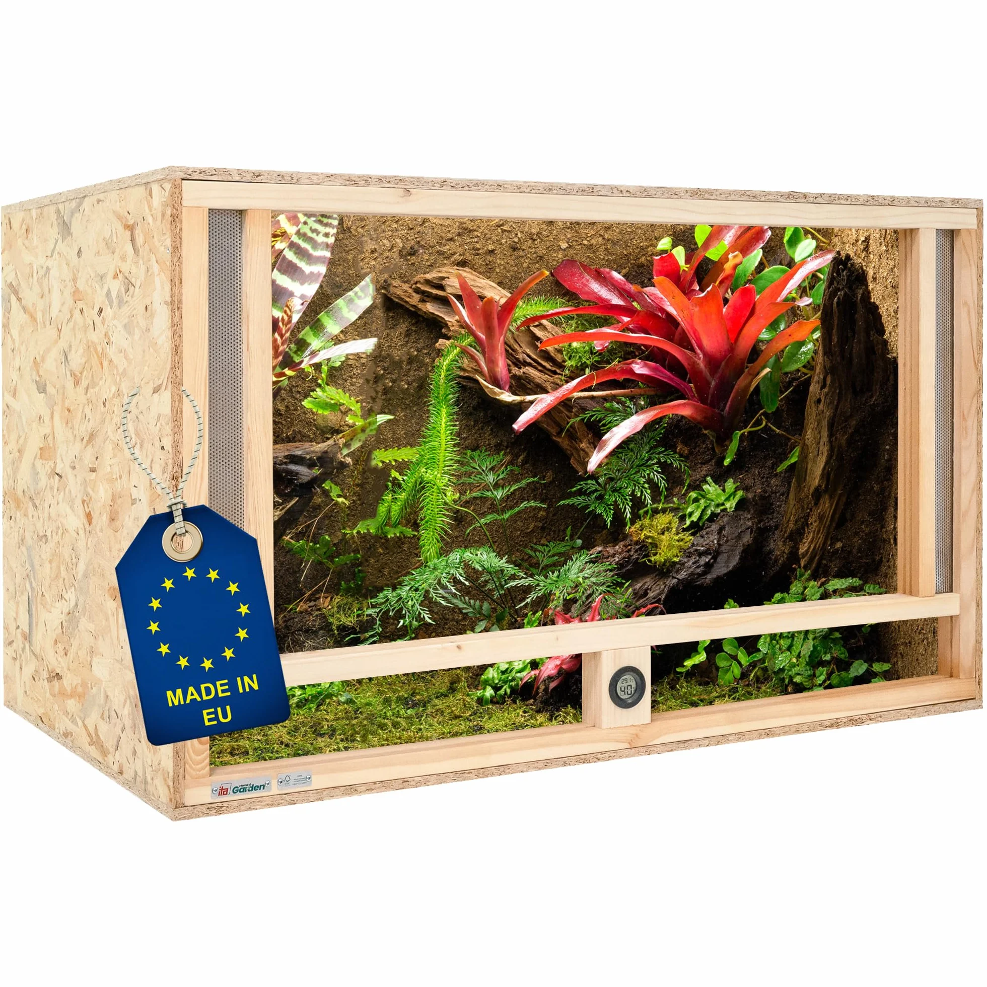 ITA Drewniane terrarium 120 x 60 x 60 cm ze zintegrowaną wentylacją i higrometrem, drewniane terrarium OSB-3, dla gadów, węży, płazów - produkt UE, certyfikat FSC