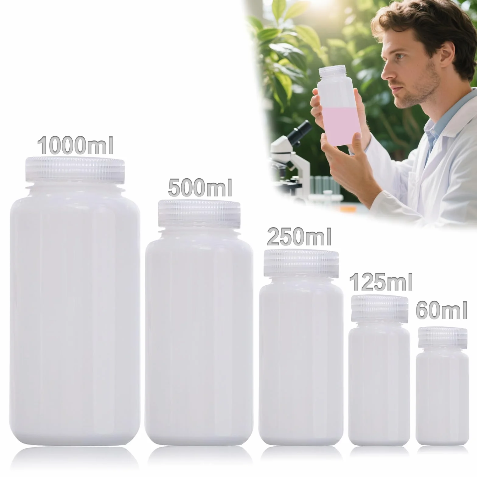 Butelki laboratoryjne HDPE 250 ml z szeroką szyjką, szczelne, do próbek wody