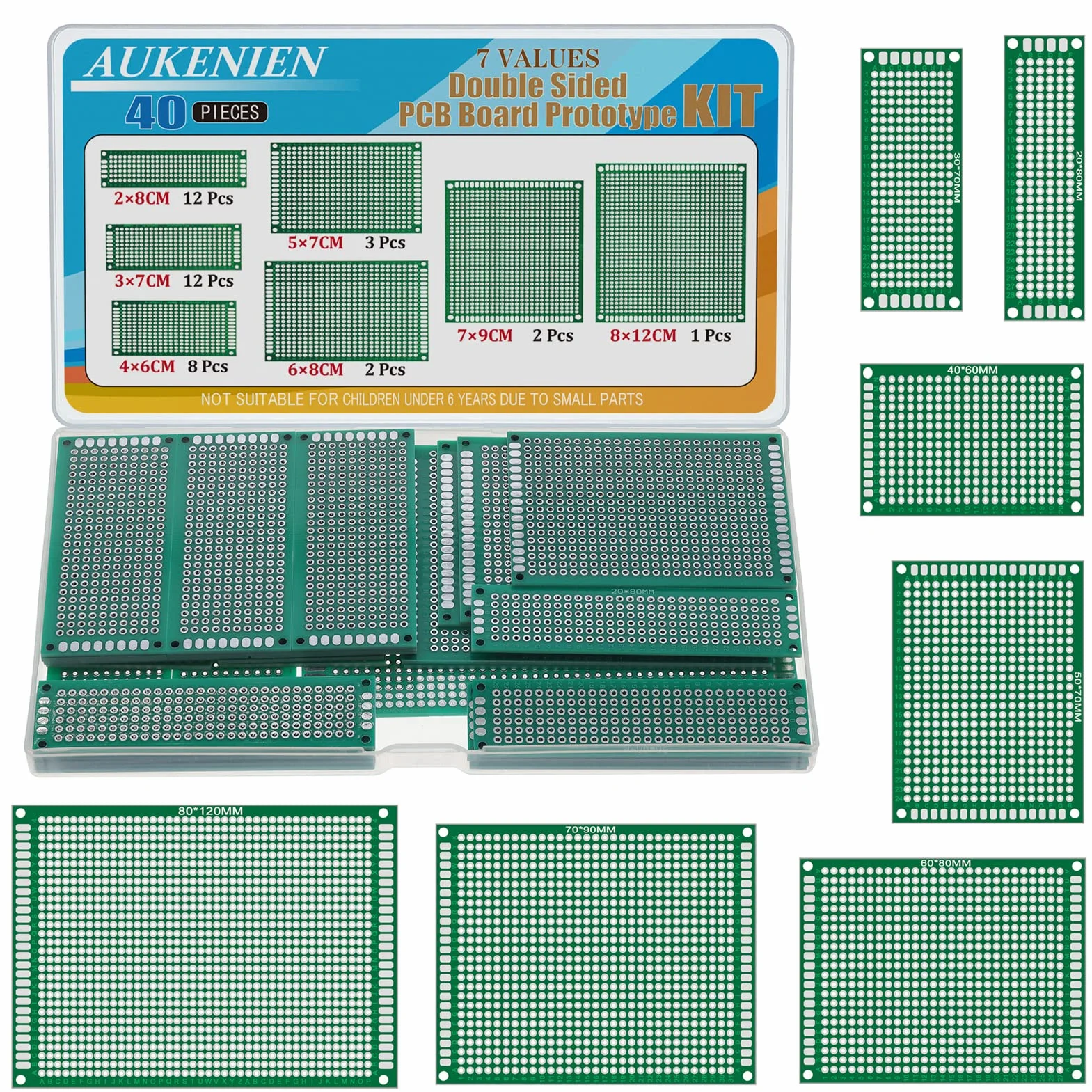 AUKENIEN 7 wartości 40 szt. płytka PCB 2x8 3x7 4x6 5x7 6x8 7x9 8x12 dwustronne prototypowe płytki PCB zestaw kompatybilny z zestawami Arduino do lutowania DIY i projektów elektronicznych