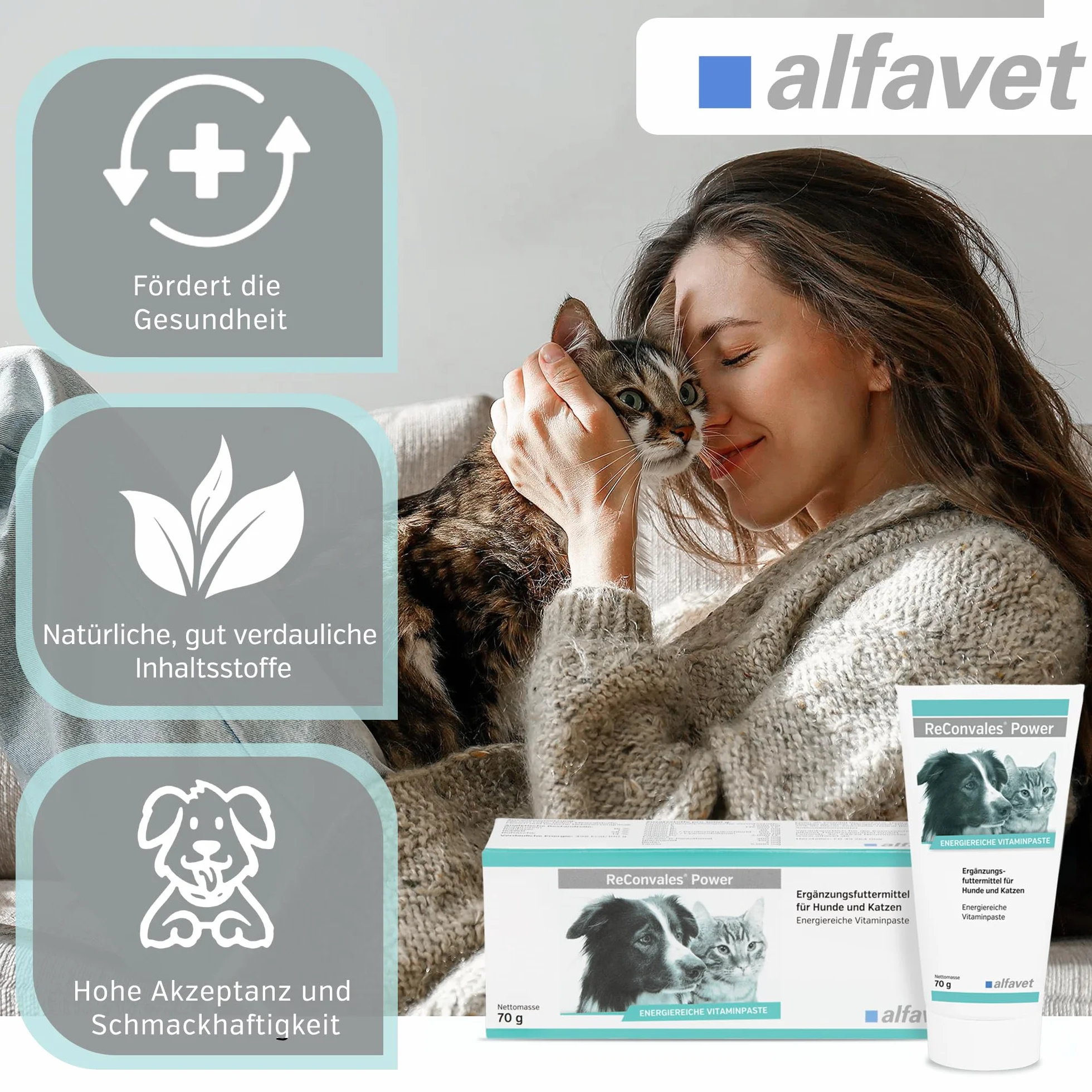 Alfavet ReConvales Power – tubka 70 g – suplement diety dla psów i kotów – pasta do karmienia w przypadku niedowagi