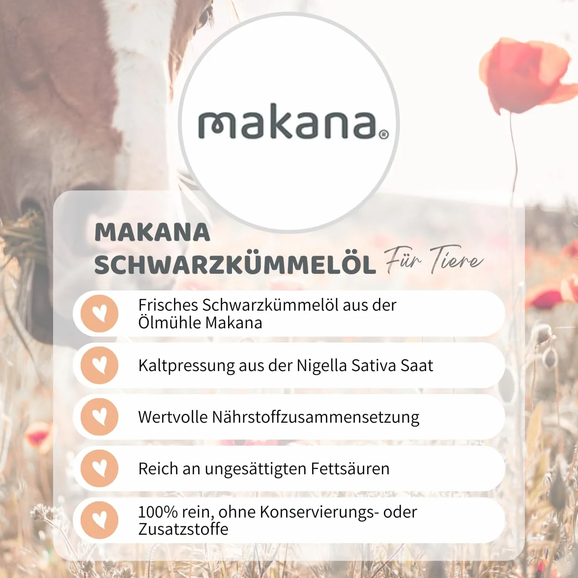 Makana Olej z czarnuszki dla zwierząt, świeżo tłoczony na zimno i w 100% czysty, butelka z dozownikiem 1 l