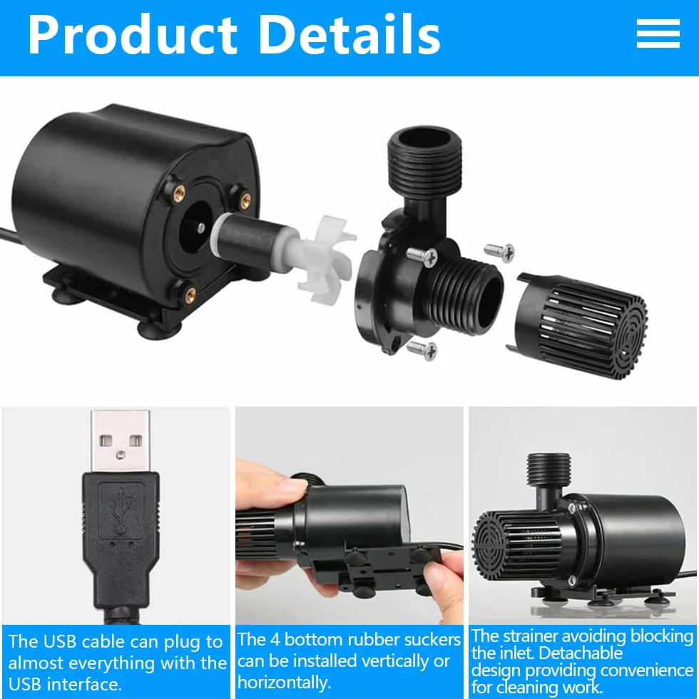 Pompa akwariowa USB 500 l/h, 4 W, bezszczotkowa pompa zanurzeniowa, mini pompa wodna, DC 5 V pompa do fontanny do akwarium, stawu, studni dla zwierząt domowych, studni, hydroponiki, ogrodu