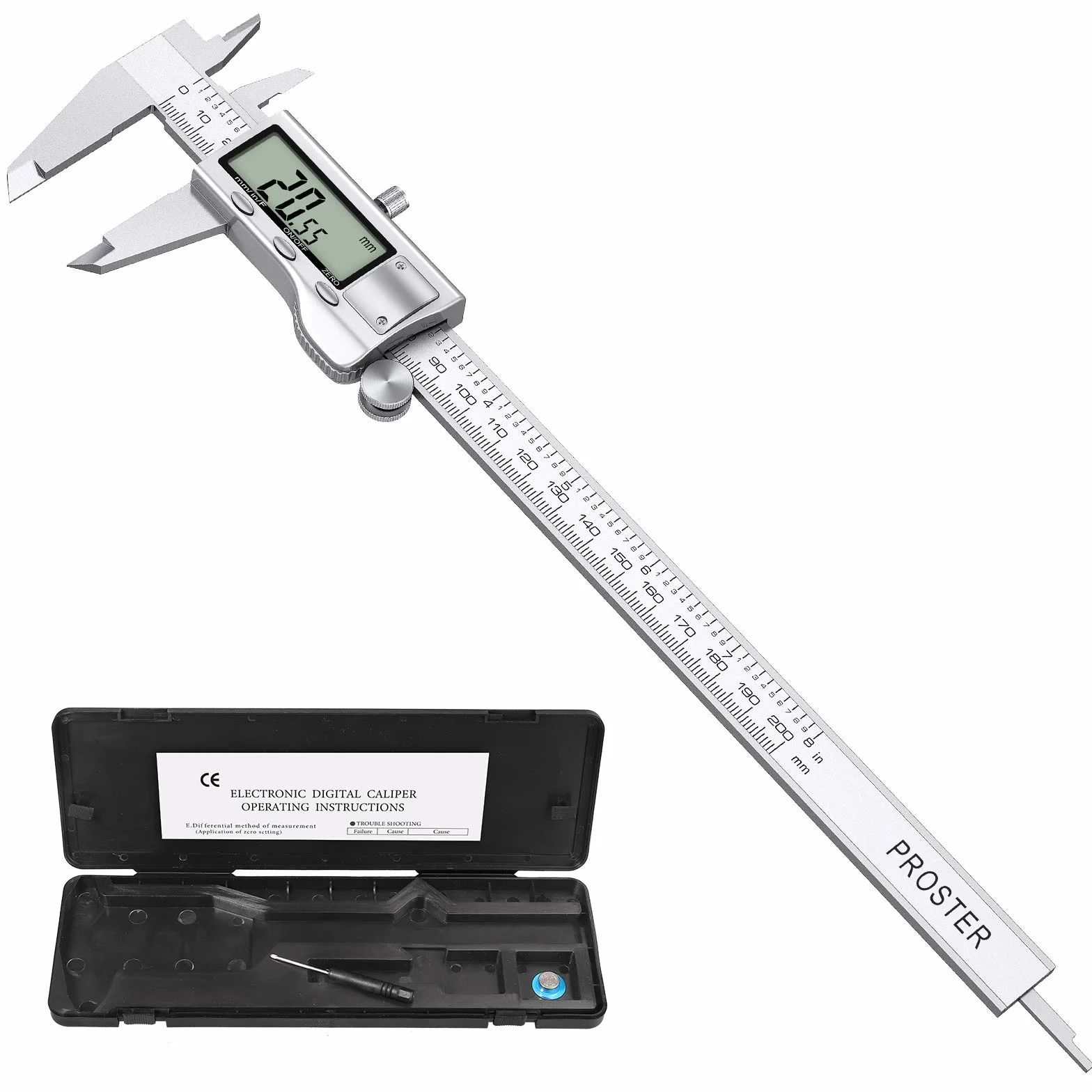Proster Suwmiarka cyfrowa 8 cali/200 mm Elektroniczna suwmiarka ze stali nierdzewnej, frakcje/cal do pomiaru długości, szerokość głębokość wewnętrzna średnica zewnętrzna