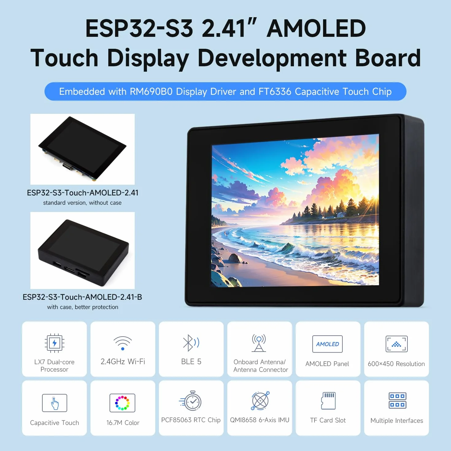 Waveshare ESP32-S3 2.41inch AMOLED Touch Display Development Board, 600x450, 32-Bit LX7 Dual-Core Processor, Onboard Accelerometer And Gyroscope Sensor, ESP32 With Display with Case
