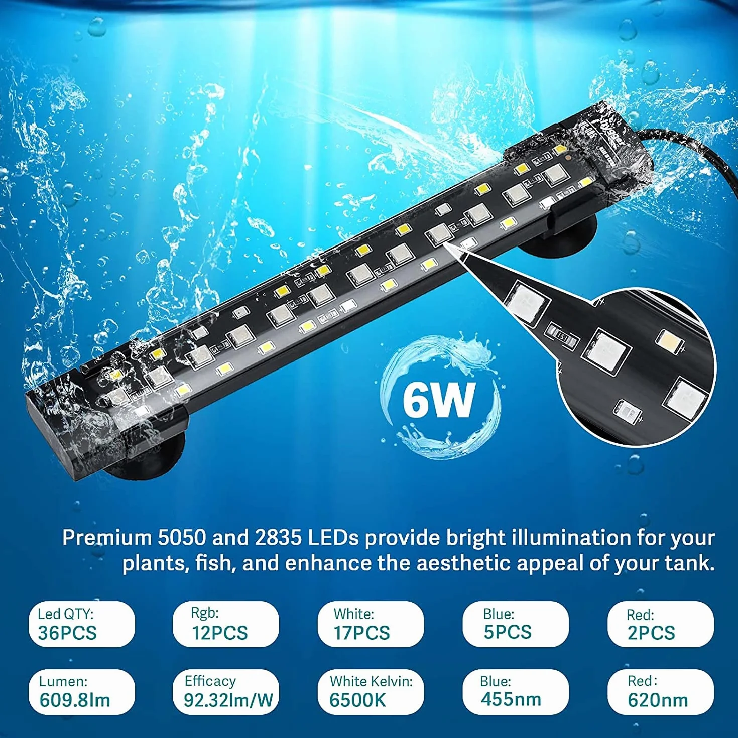 hygger 24/7 trybów podwodnego akwarium LED, pełne spektrum, ukryty zbiornik na ryby, z 3 rzędami koralików, 7 kolorów, automatyczne włączanie światła słonecznego, światło księżycowe, regulowana