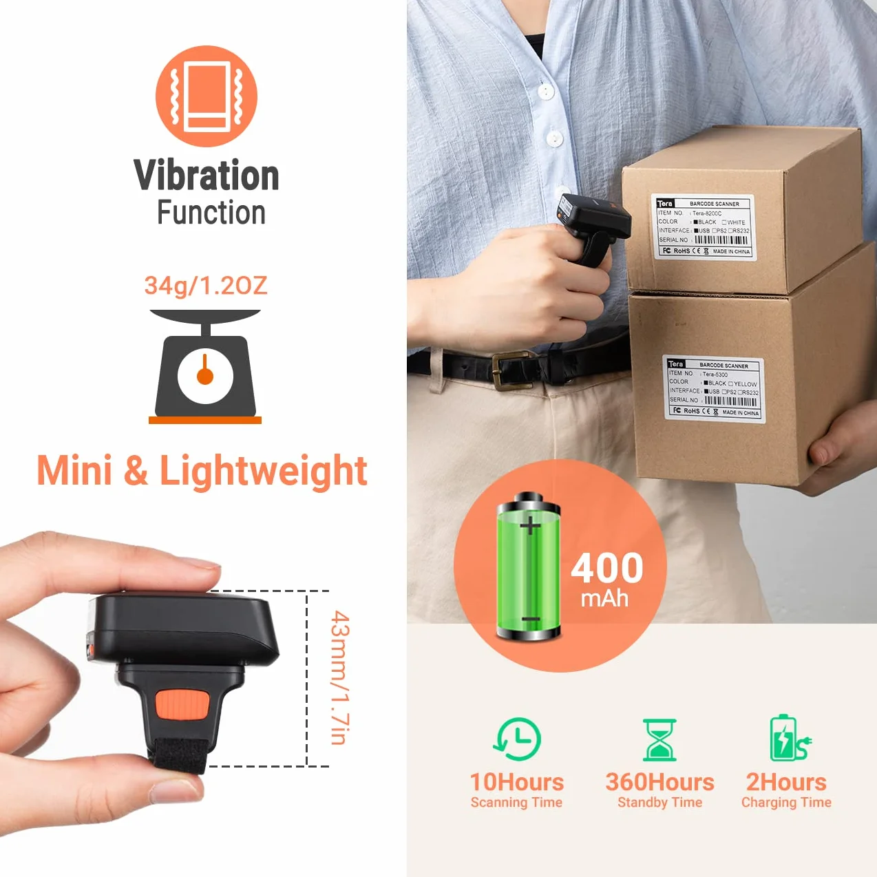 Tera Pro Series Mini CMOS Ring skaner kodów kreskowych 1D 2D QR bezprzewodowy Bluetooth 2.4G USB 2.0 przenośny HW0010