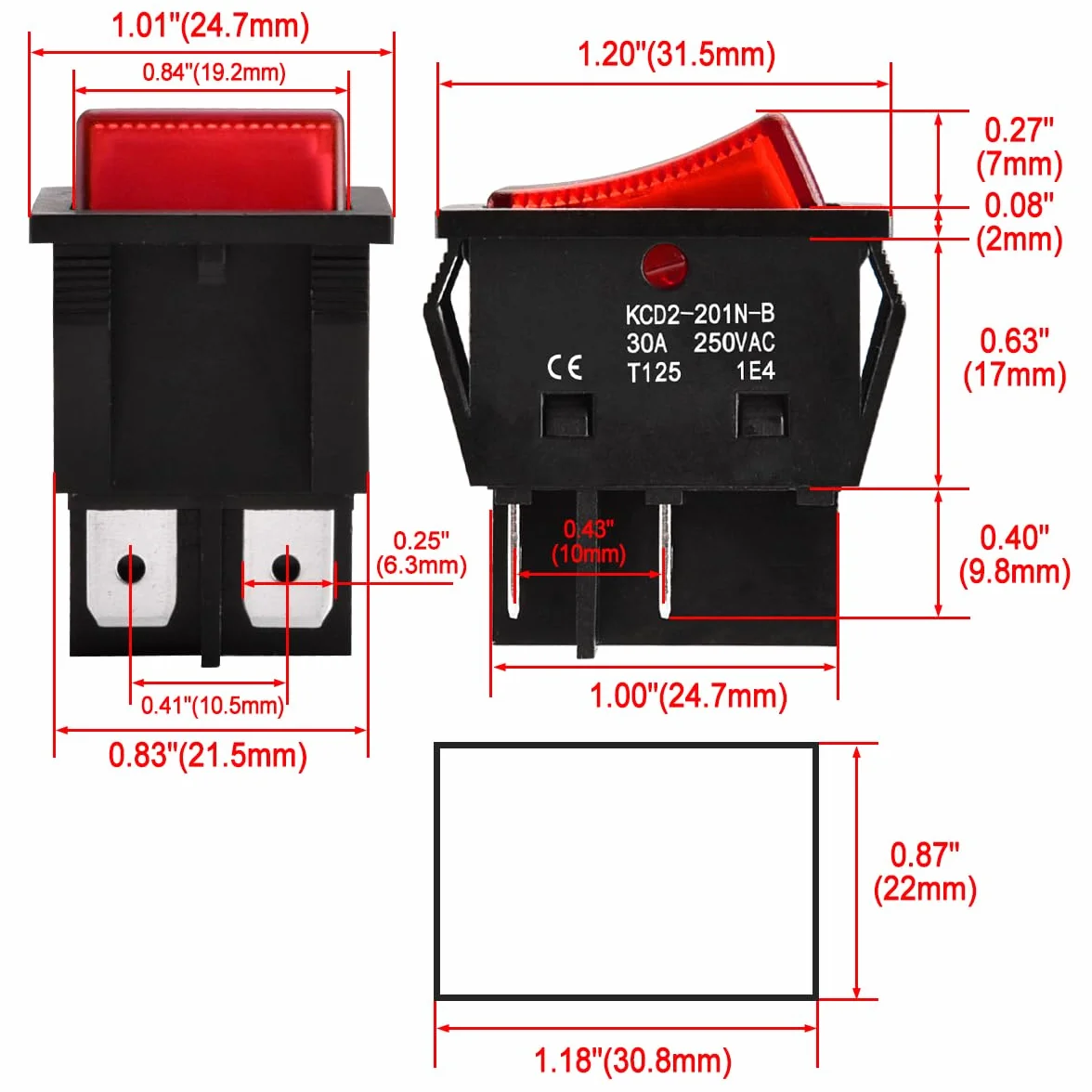 Heschen Przełącznik kołyskowy DPST 30A 250V AC T125 wodoodporny czerwony