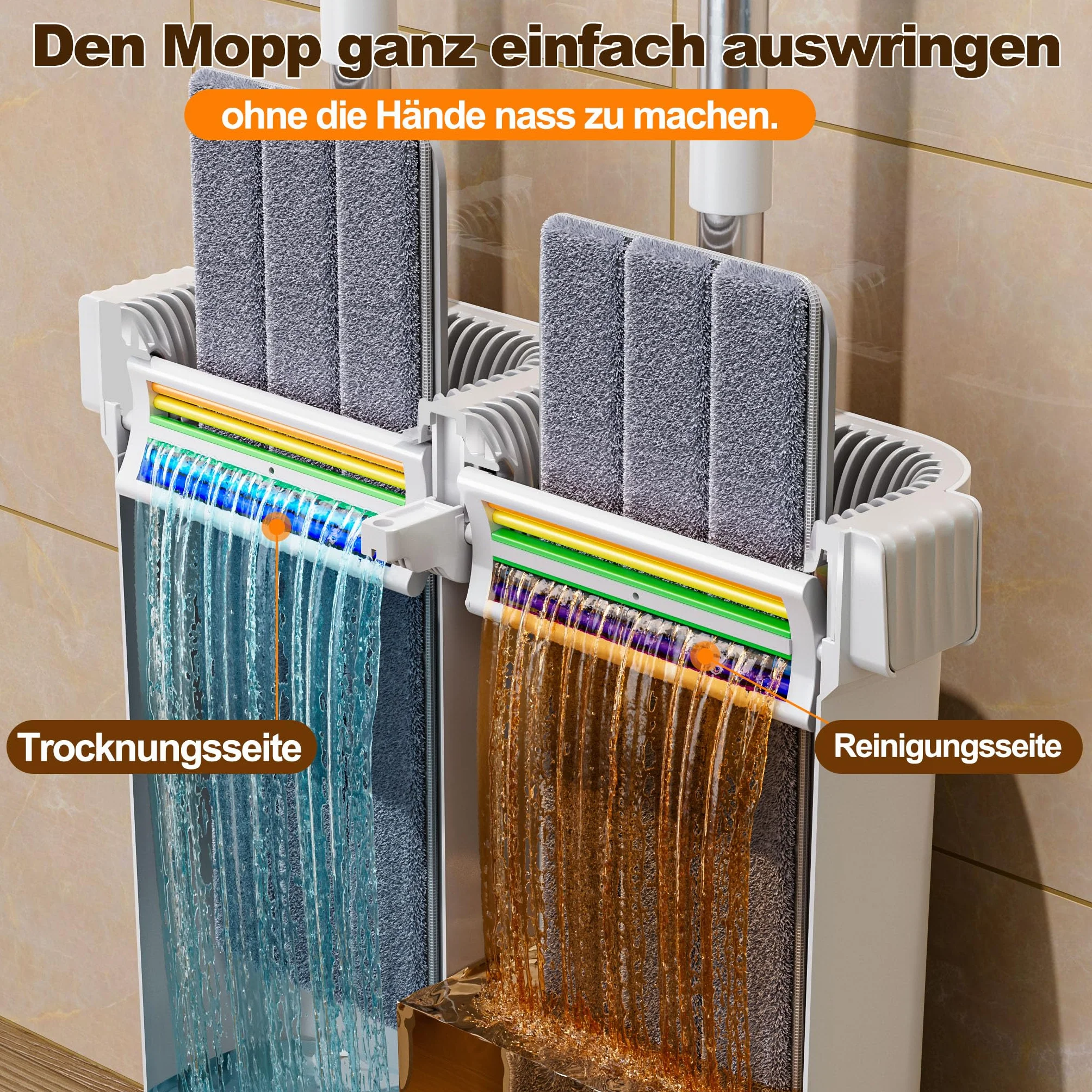 Zestaw mopowy CTIME z wiadrem i wyciskaczem, ręczny płaski mop, 2 podkładki z mikrofibry, 33 cm
