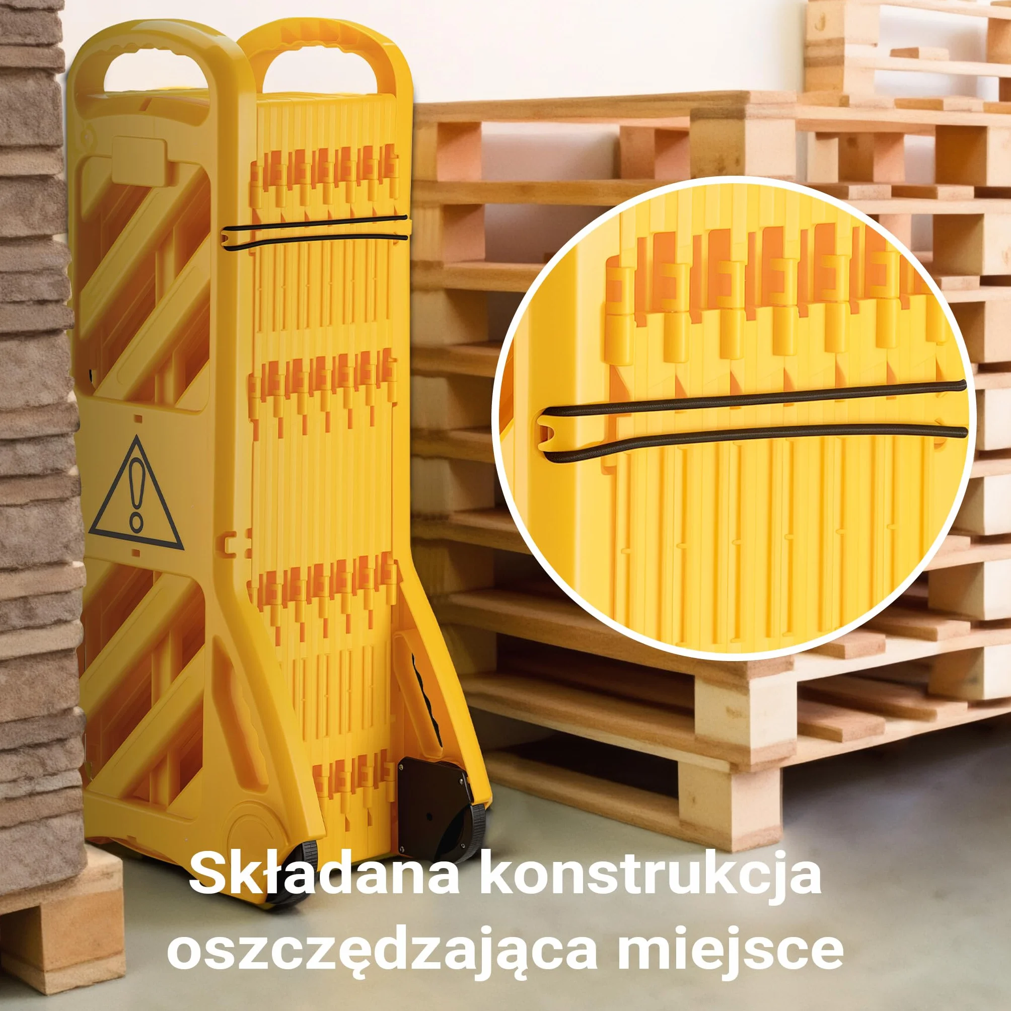 Wiltec Mobilna bariera ostrzegawcza 60x32x101 cm żółta panelowa na kółkach