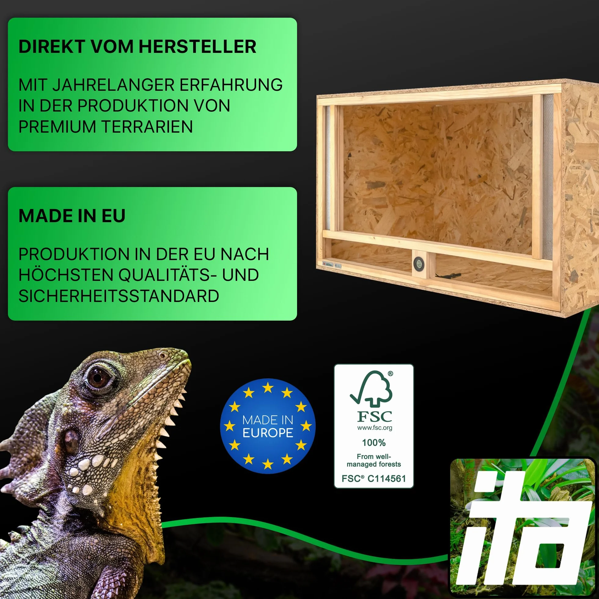 ITA Drewniane terrarium 120 x 60 x 60 cm ze zintegrowaną wentylacją i higrometrem, drewniane terrarium OSB-3, dla gadów, węży, płazów - produkt UE, certyfikat FSC
