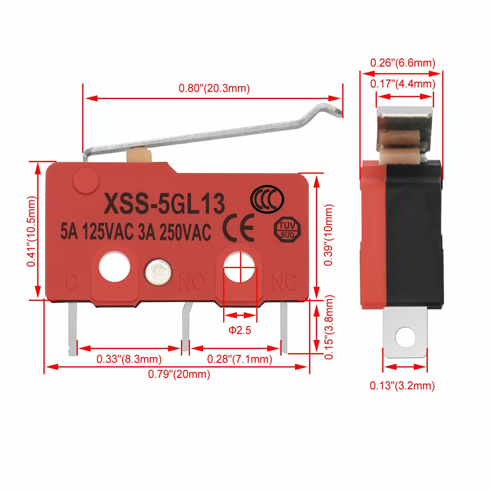 Heschen mini mikroprzełącznik XSS-5GL13 SPDT 3-pinowy 5A 125V AC 3A 250V AC CE TüV 2 sztuki