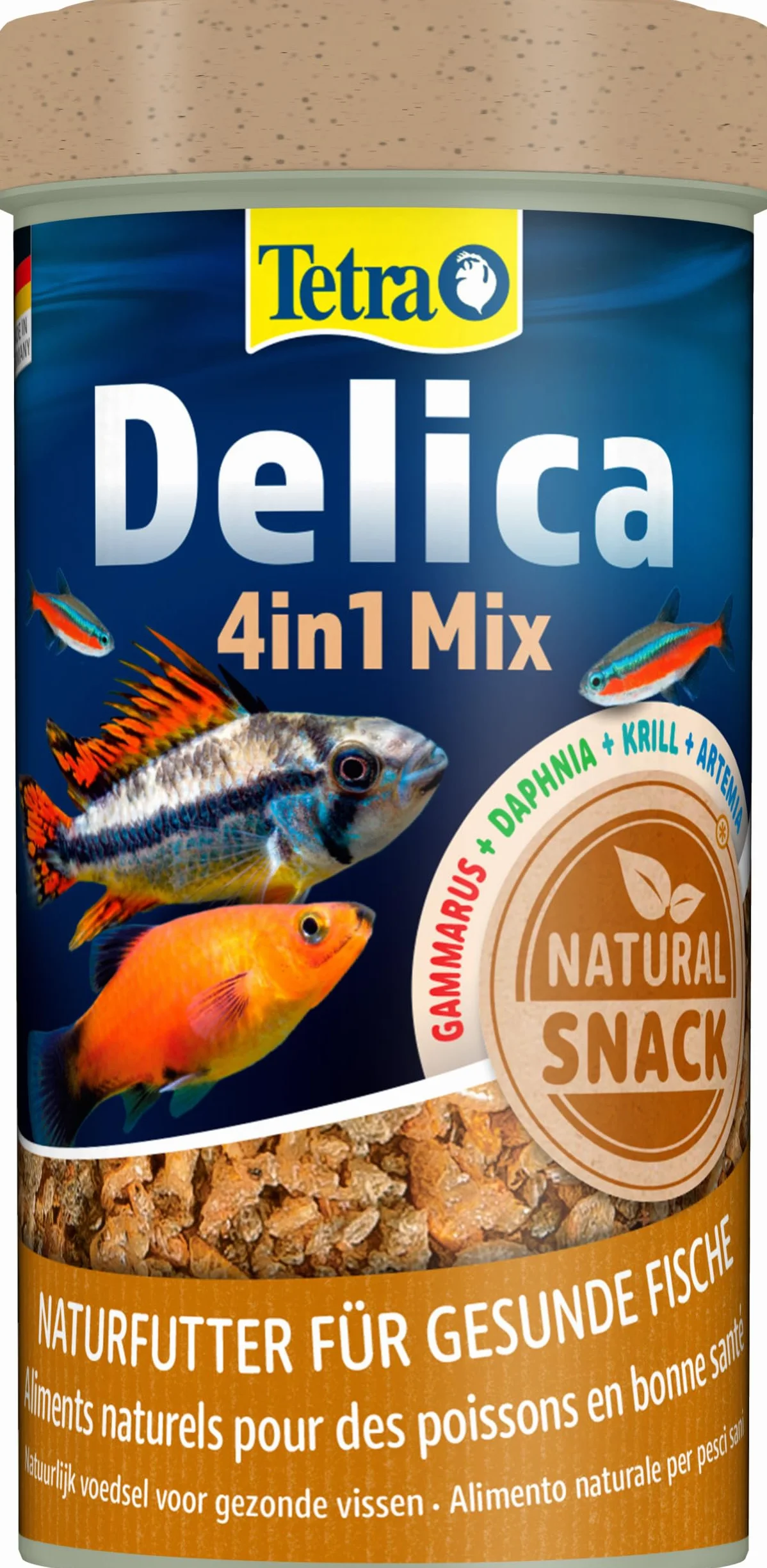 Tetra Delica Mix naturalna karma – mieszanka z 4 różnymi zwierzętami karmiącymi (flet wodny, artemia, krill, gammarus), naturalne przekąski dla ryb ozdobnych, puszka 250 ml
