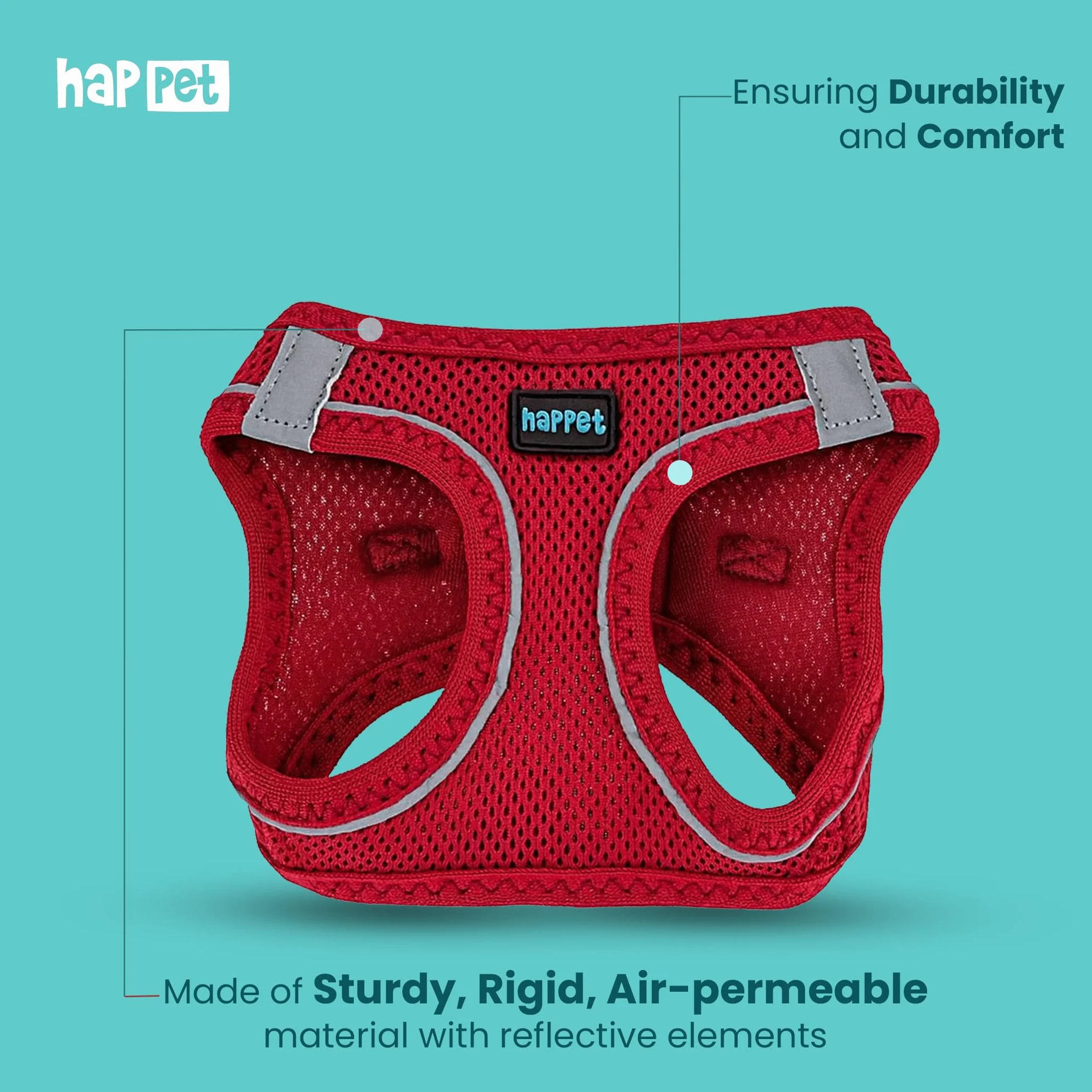 HAPPET Szelki Air Comfort M czerwone – lekkie i przewiewne szelki dla małych psów i kotów, miękka siateczka mesh, regulowane i bezpieczne, odblaskowe, obwód szyi 32–34 cm