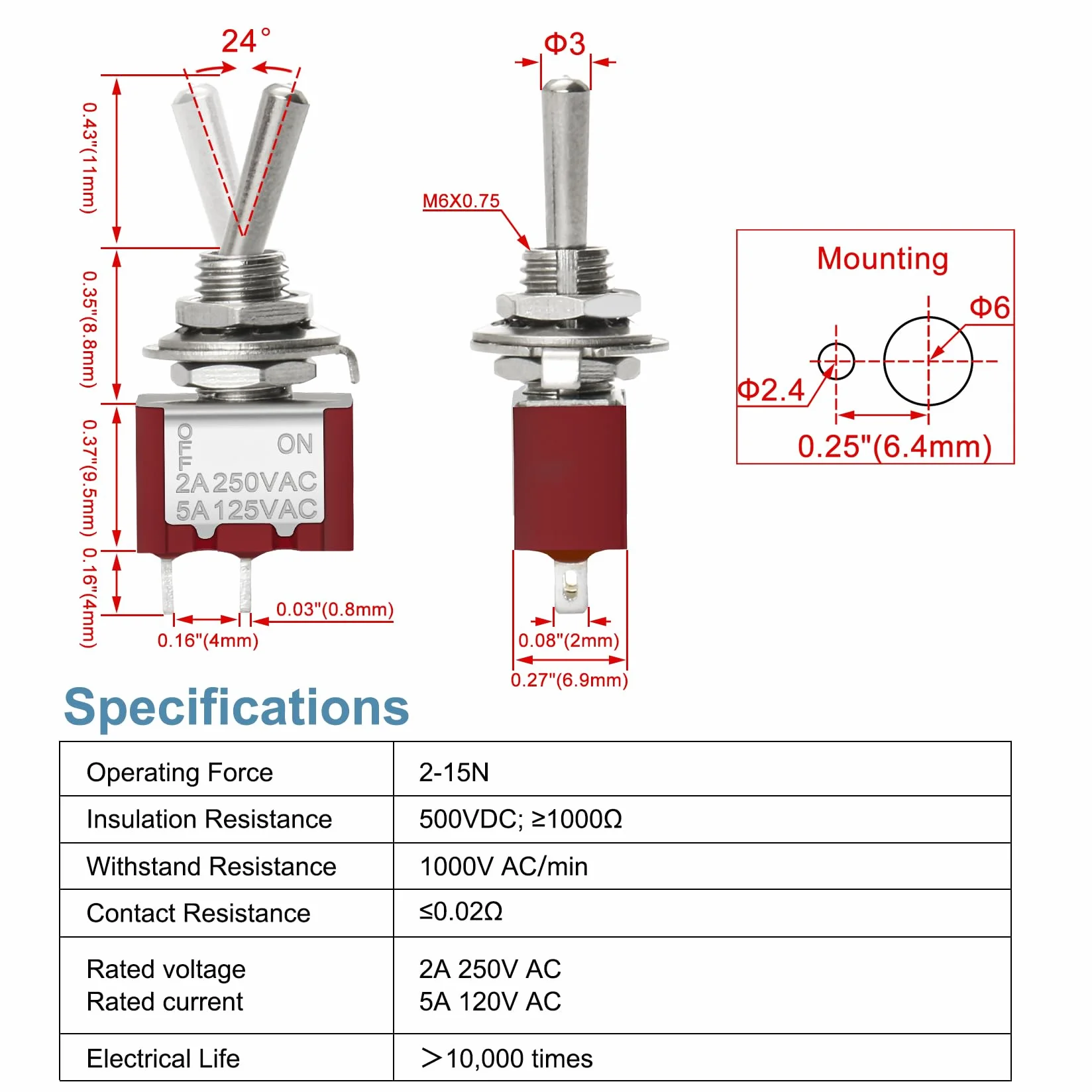 Heschen miniaturowy przełącznik MTS-101 ON-OFF SPDT 2-biegunowy 2A 250V 5A 120V UR 5 szt.