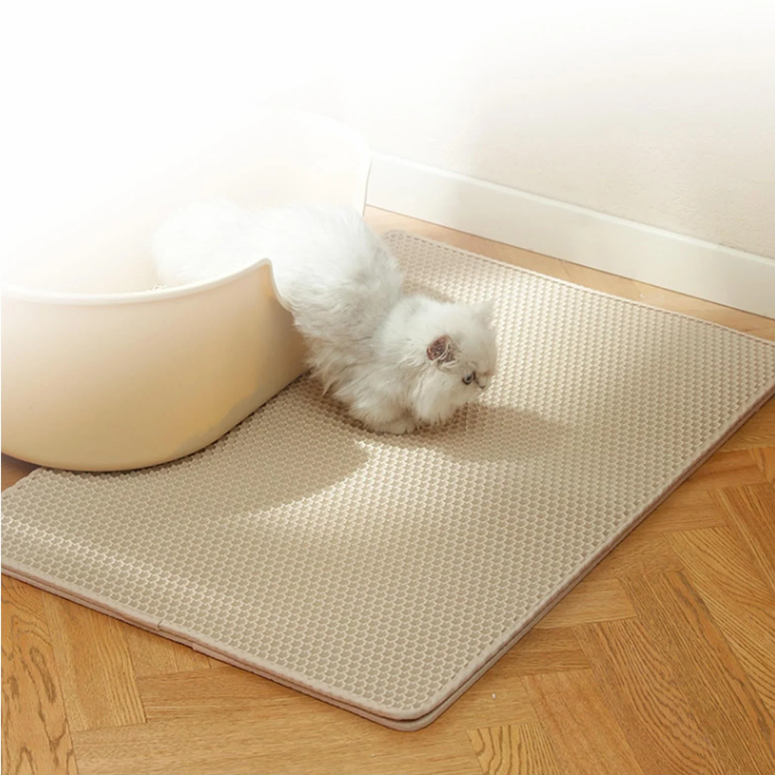 Mata do żwirek dla kotów, 60 x 90 cm/116 x 66 cm, podwójna warstwa designerska, mata przeciw moczowi i wodoszczelnemu materiałowi, kontrola rozsypywania Easy Clean, 26 x 46 cali, beżowa