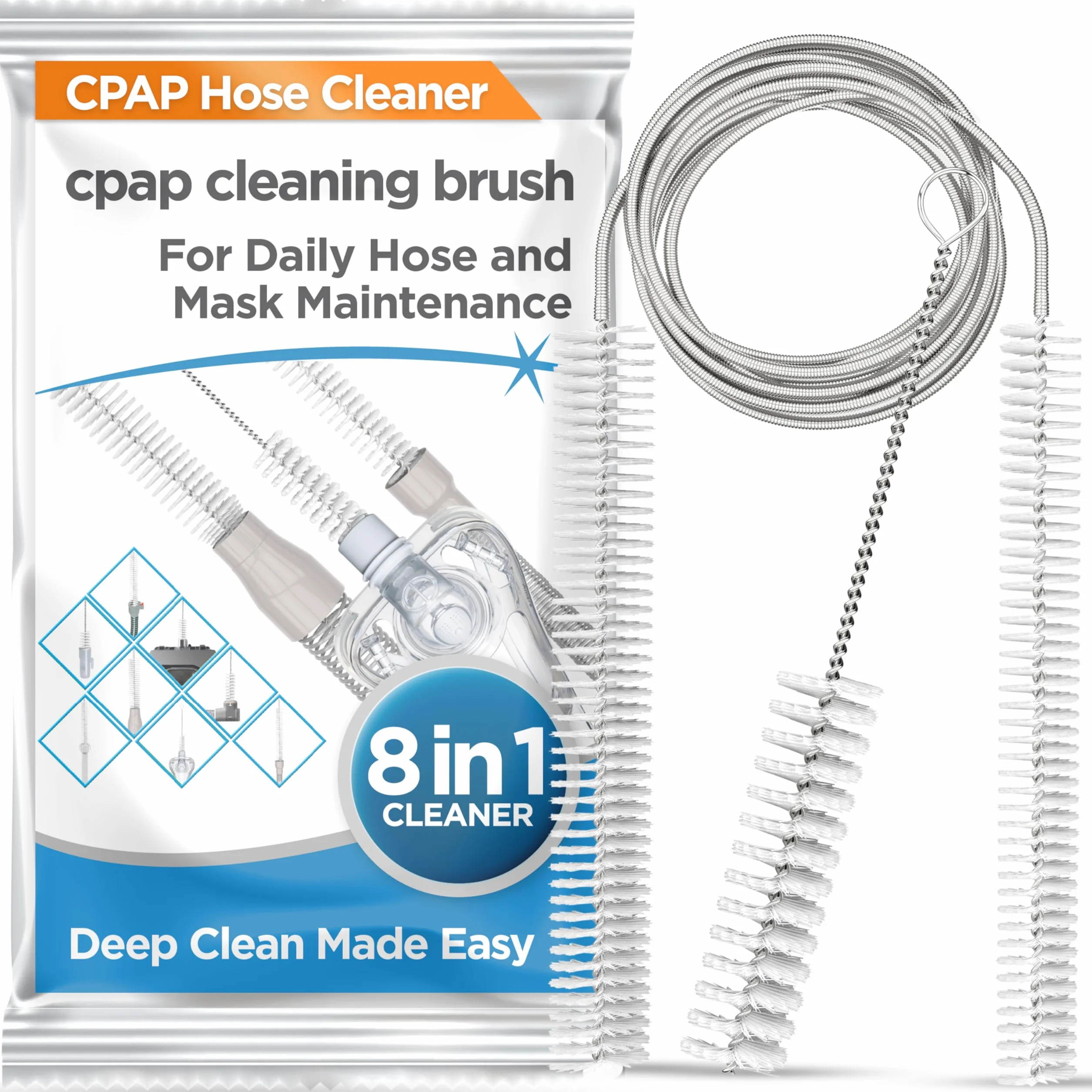 RespLabs Szczotka do rur CPAP. System 8 w 1 - Pasuje do Wszystkich Typów Węży CPAP - Skuteczne Czyszczenie, Srodki Higieny, Optymalna Terapia CPAP.