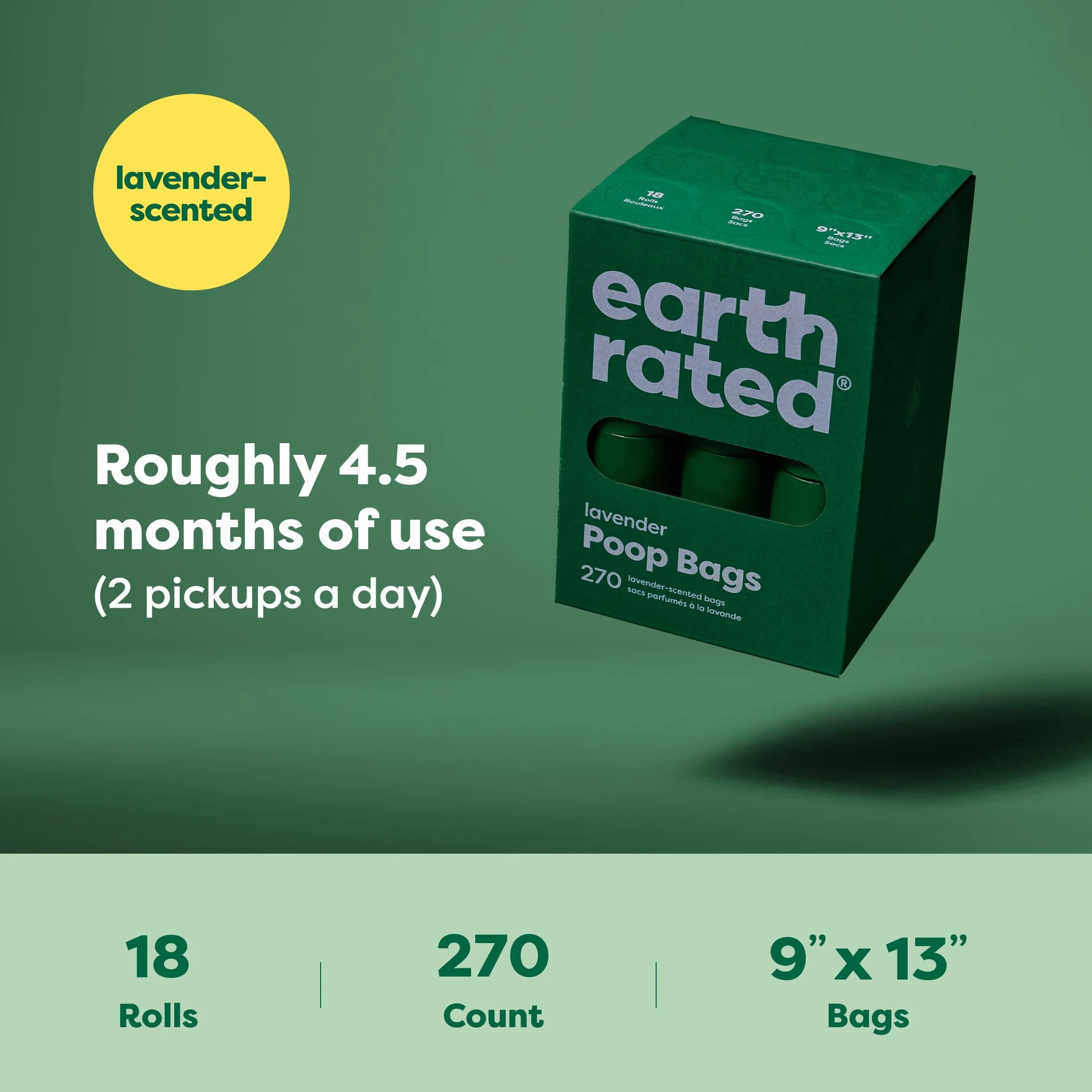 Earth Rated Woreczki na Psie Odchody, Gwarantowane Szczelne i Bardzo Grube Worki na Odpady Rolki Uzupełniające Dla Psów, Zapach Lawendy, 270 Sztuk