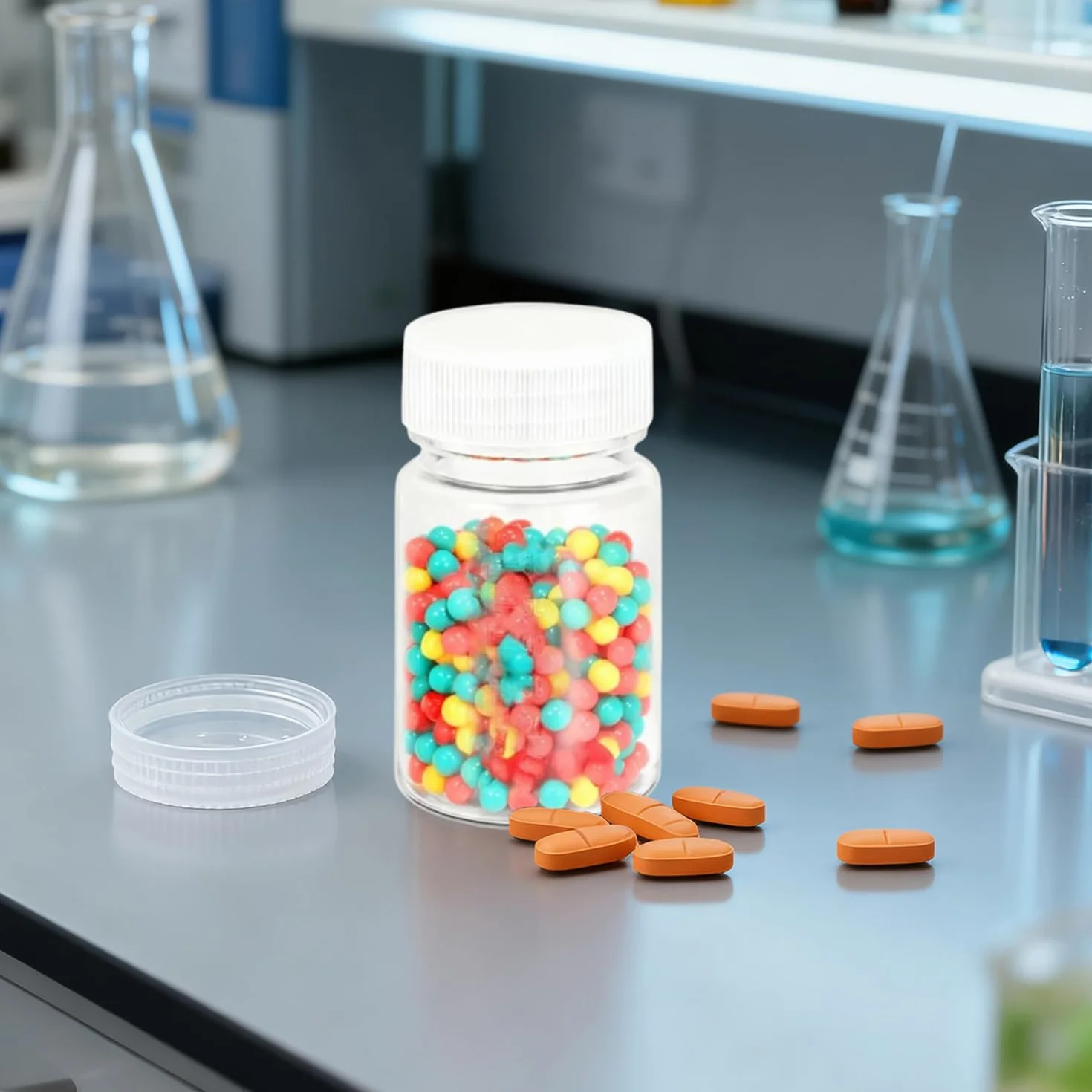 Plastikowe butelki laboratoryjne 100 ml z szerokim otworem i skalą, hermetyczna pokrywka, 5 sztuk