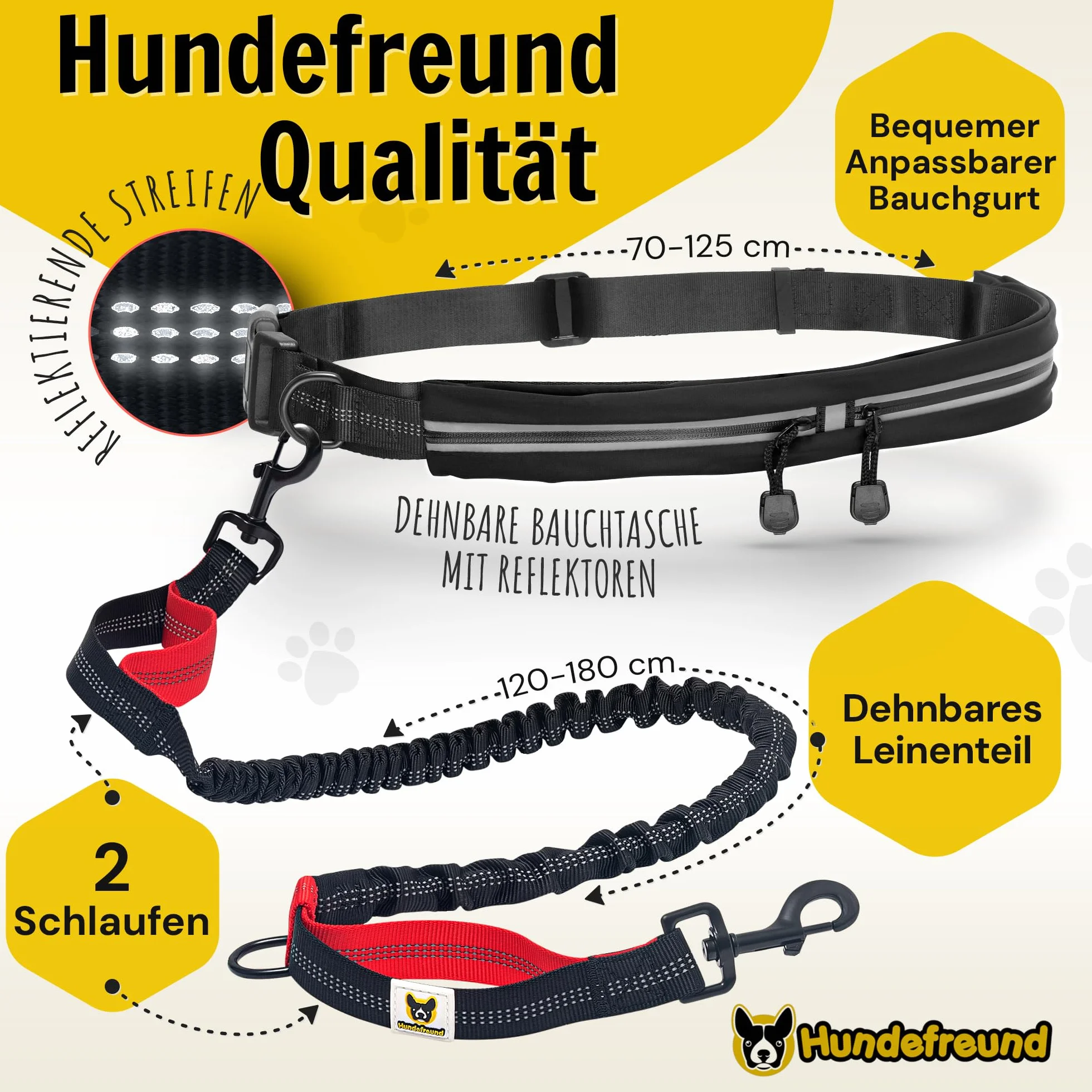 Hundefreund Smycz z paskiem bez użycia rąk dla średnich i dużych psów Canicross elastyczna smycz 120-180 cm (Czarny)