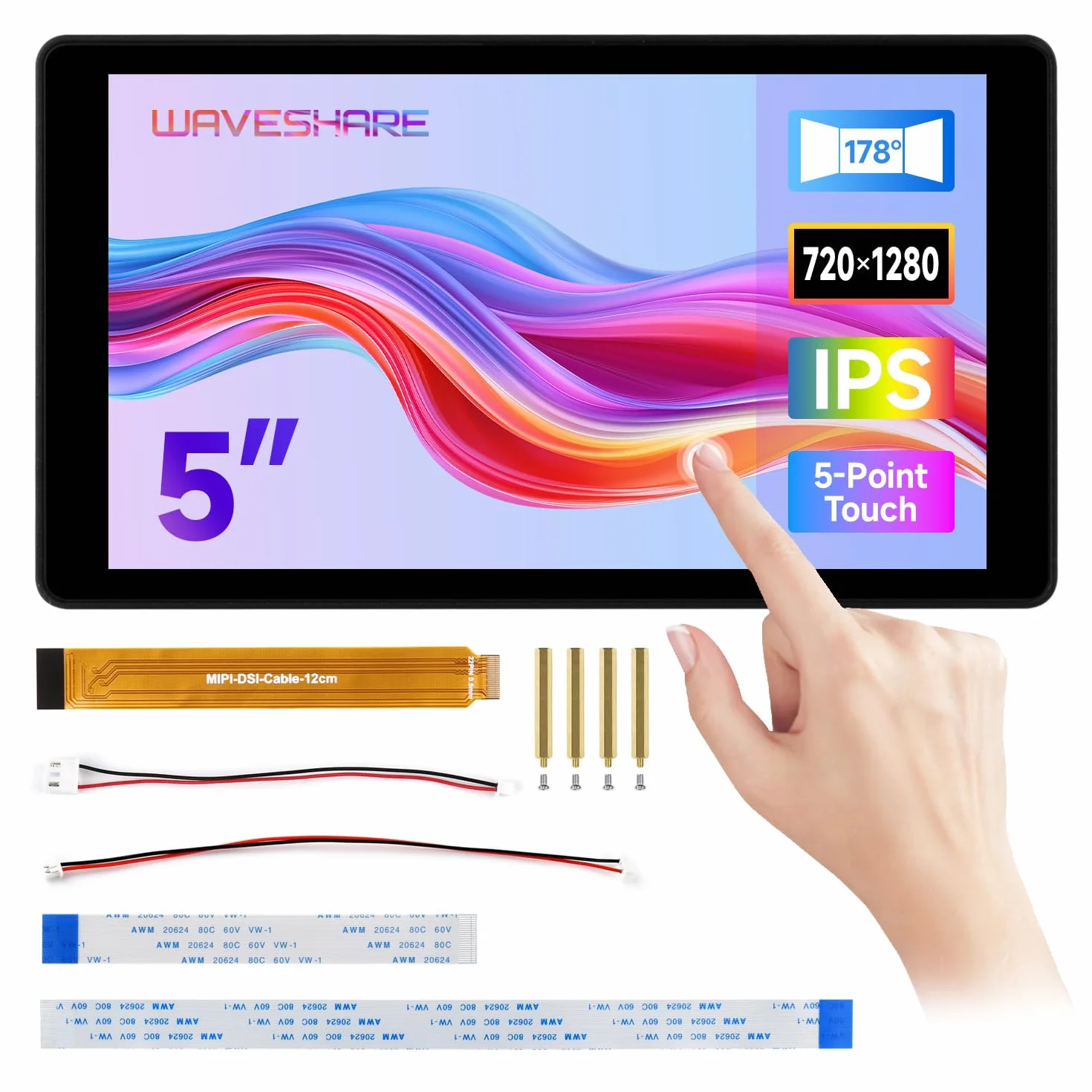 Waveshare 5inch DSI Capacitive Touch Display for Raspberry Pi 5/4B/3B+/3A+, 720×1280 IPS, Optical Bonding Toughened Glass, Aluminum Case