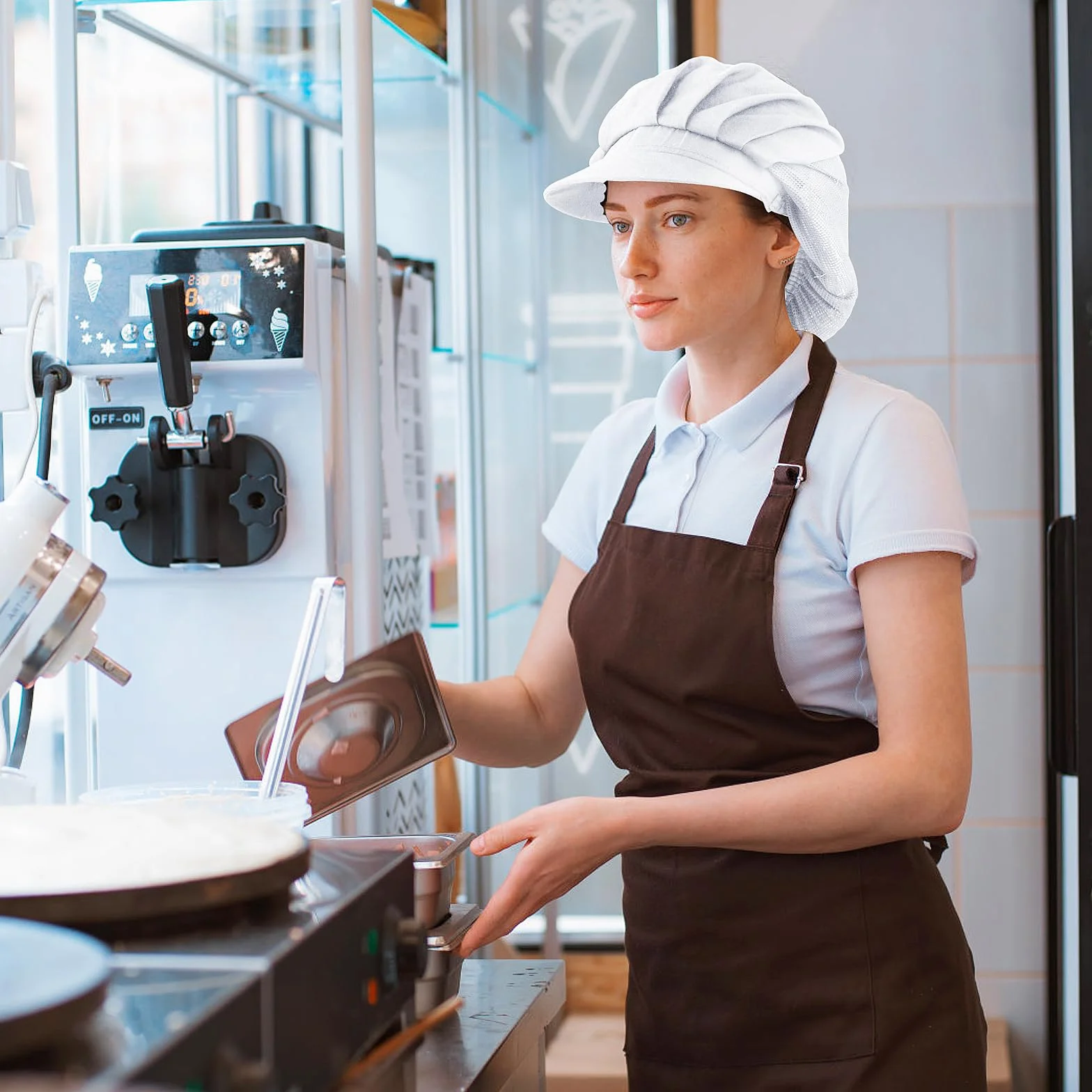 Lusofie 2 sztuki czapka kucharska kuchnia piekarz gotowanie okap kuchenny czarny biały Food Service siatka na włosy kuchnia kobiety mężczyźni z rondem, biały, jeden rozmiar
