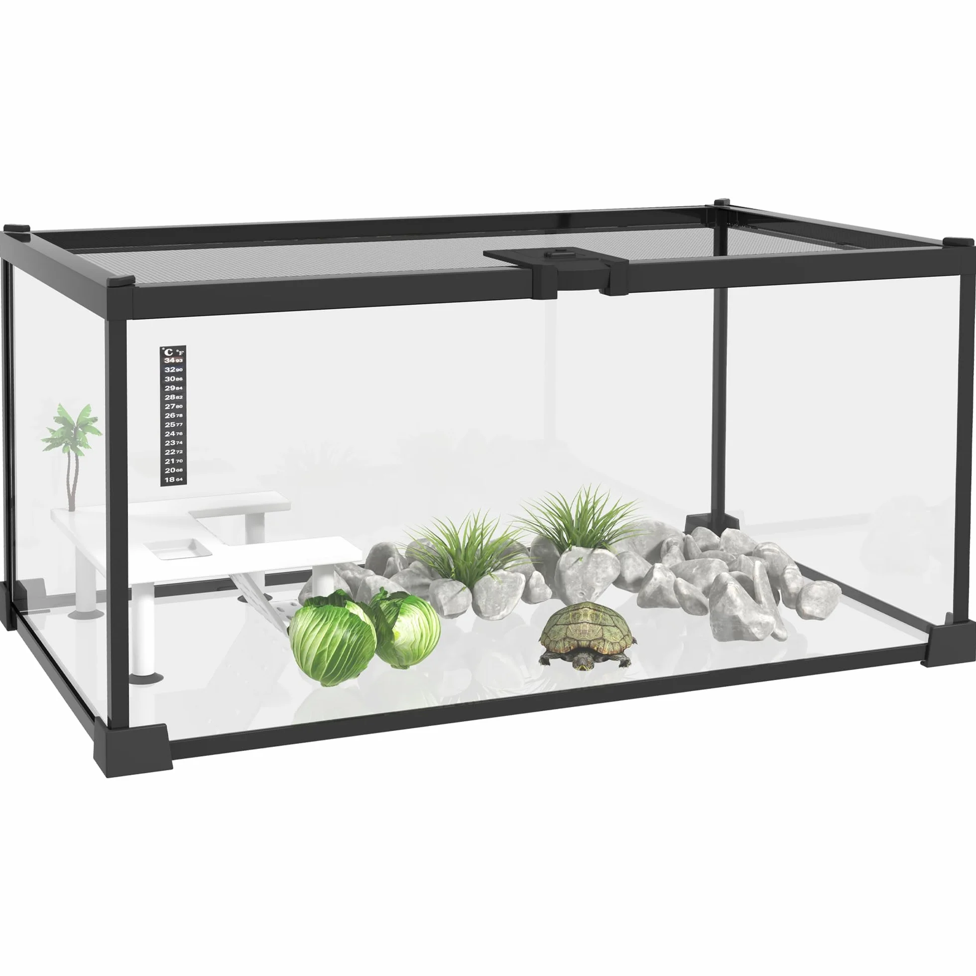 PawHut Pojemnik na gady Akwarium Żółwie Terrarium Siedlisko Przesuwne Siatka metalowa termometr, platforma z rampą, ozdobne palmy kokosowe i karmnik w zestawie szkło metalowe
