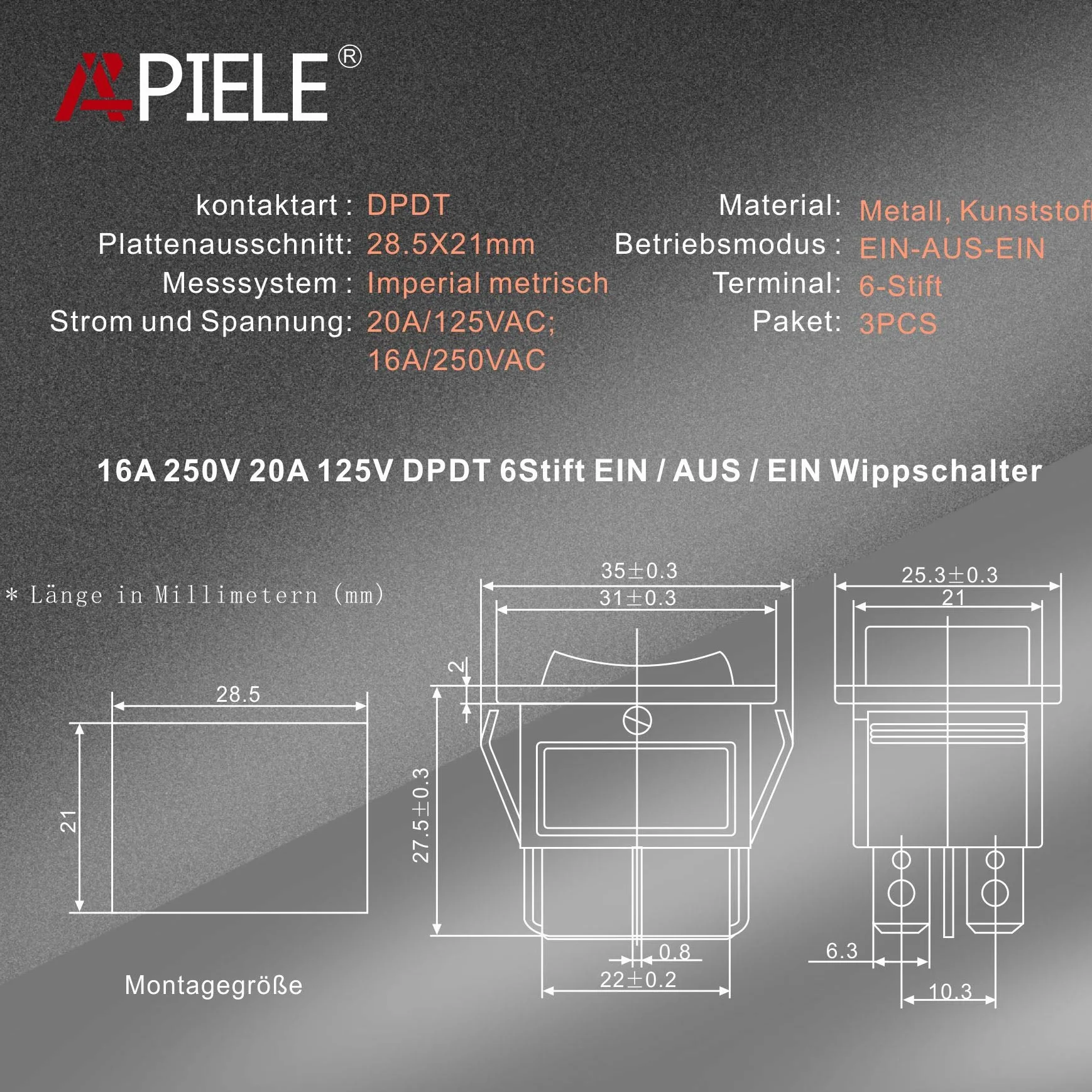 APIELE 3 przełączniki dźwigienkowe, 3 pozycje wł./wył. z 6-pinowym przełącznikiem kołyskowym DPDT, 250 V, 16 A, przełącznik dźwigienkowy do domów, przemysłu, DIY KCD2-203N (czarny)