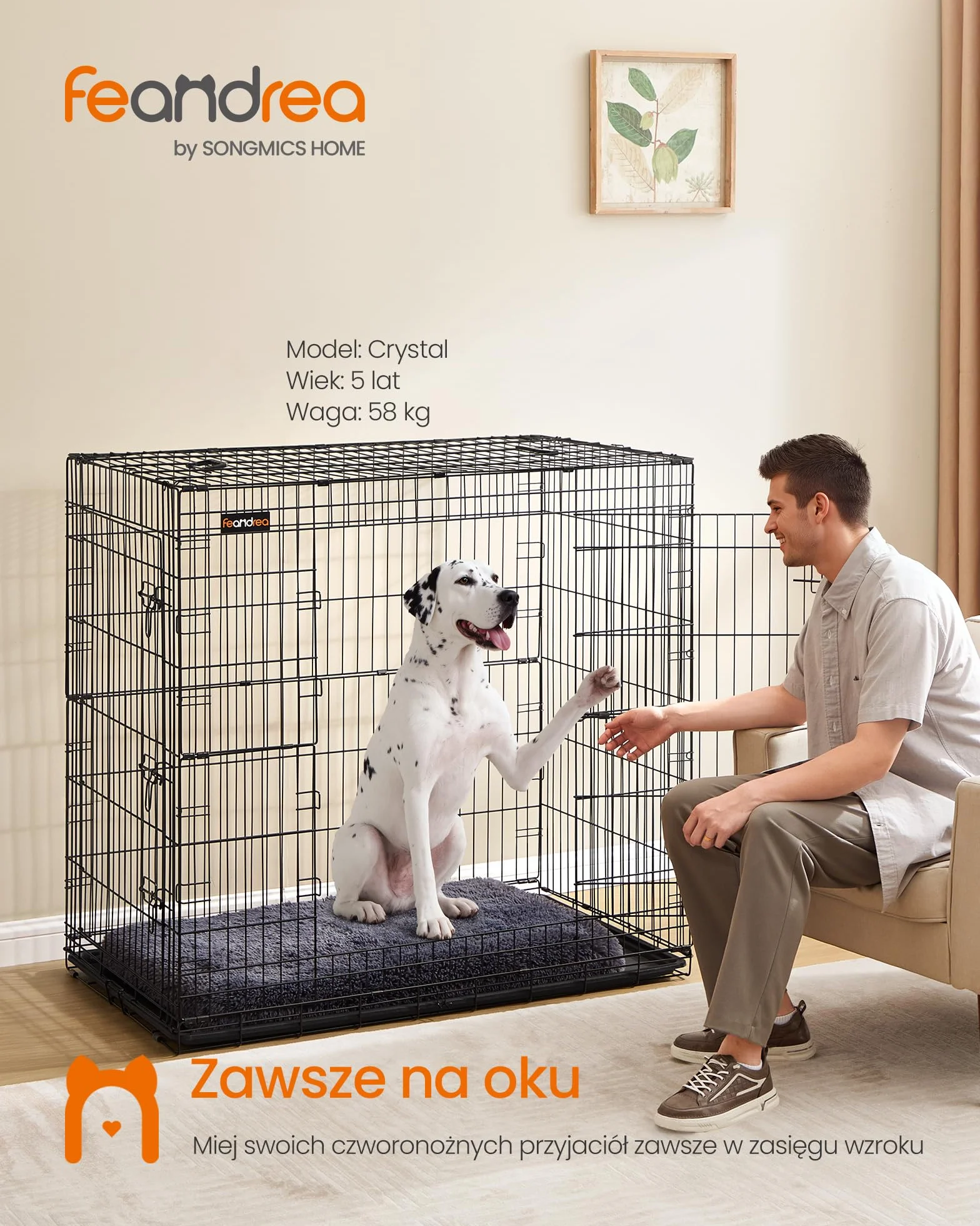 Feandrea Klatka dla psa, składana, z 2 drzwiami, wysuwana miska z tworzywa sztucznego, 122 x 74 x 114 cm, XXL, wysoka, czarna PPD050B01