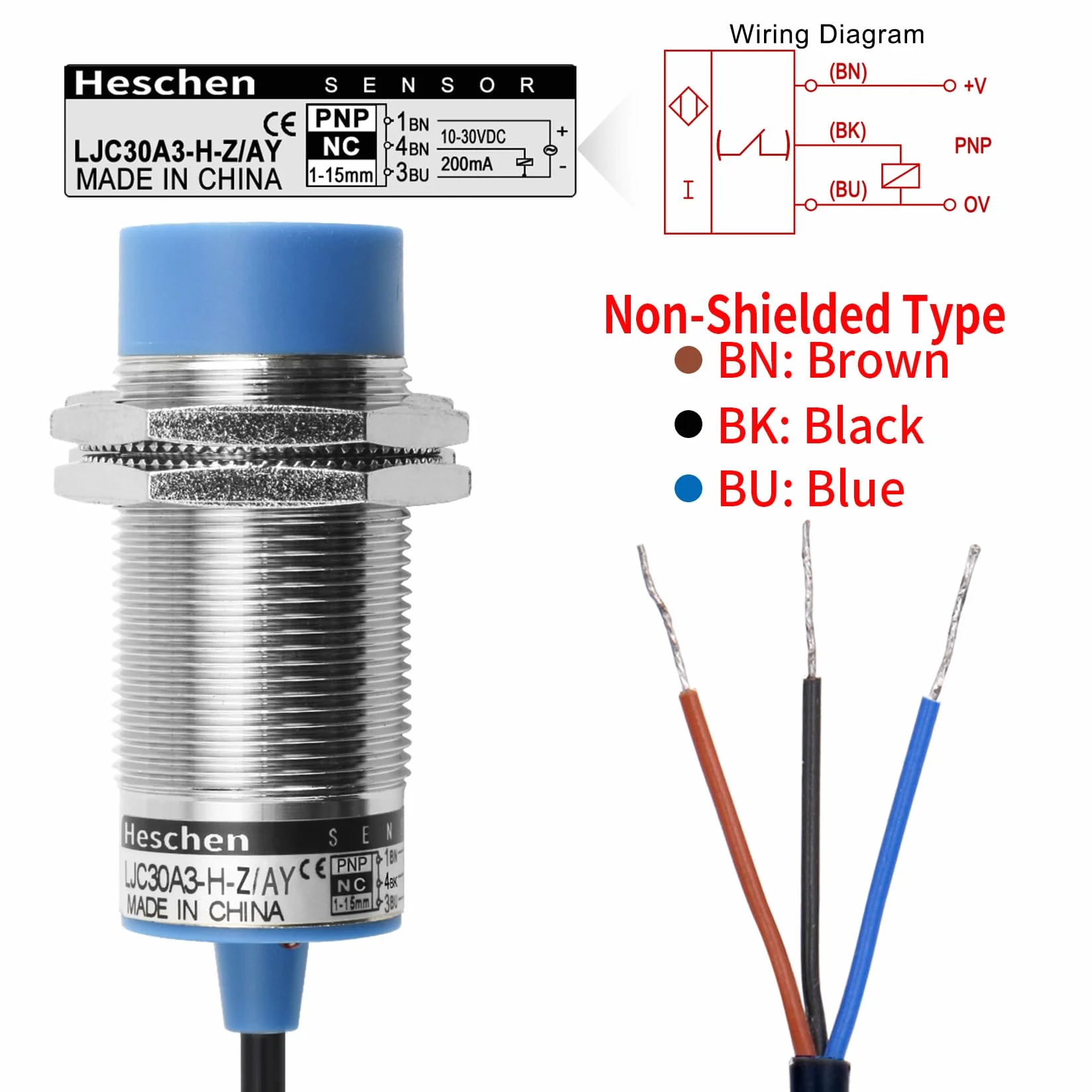 Heschen M30 pojemnościowy czujnik zbliżeniowy LJC30A3-H-Z/AY 1-15mm 10-30VDC PNP NC