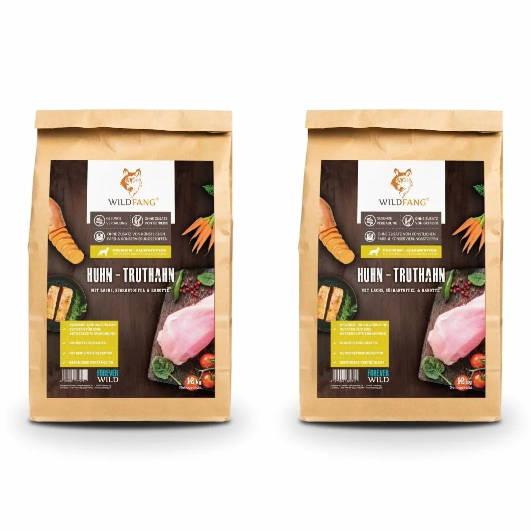 Wildfang® Junior Sucha Karma dla Szczeniąt 2kg – Karma dla Psa z Kurczakiem i Indykiem, Bez Zbóż i Glutenu, Z Naturalnych Składników, Bez Dodatku Cukru, Sucha Karma dla Małych Psów – 1 Sztuka