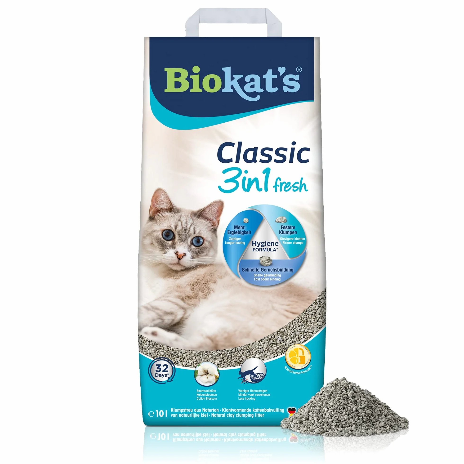 Biokatʼs Classic fresh 3in1 żwirek o zapachu Cotton Blossom - Zbrylający żwirek dla kota o 3 różnych rozmiarach ziarna - 1 worek (1 × 10 l)
