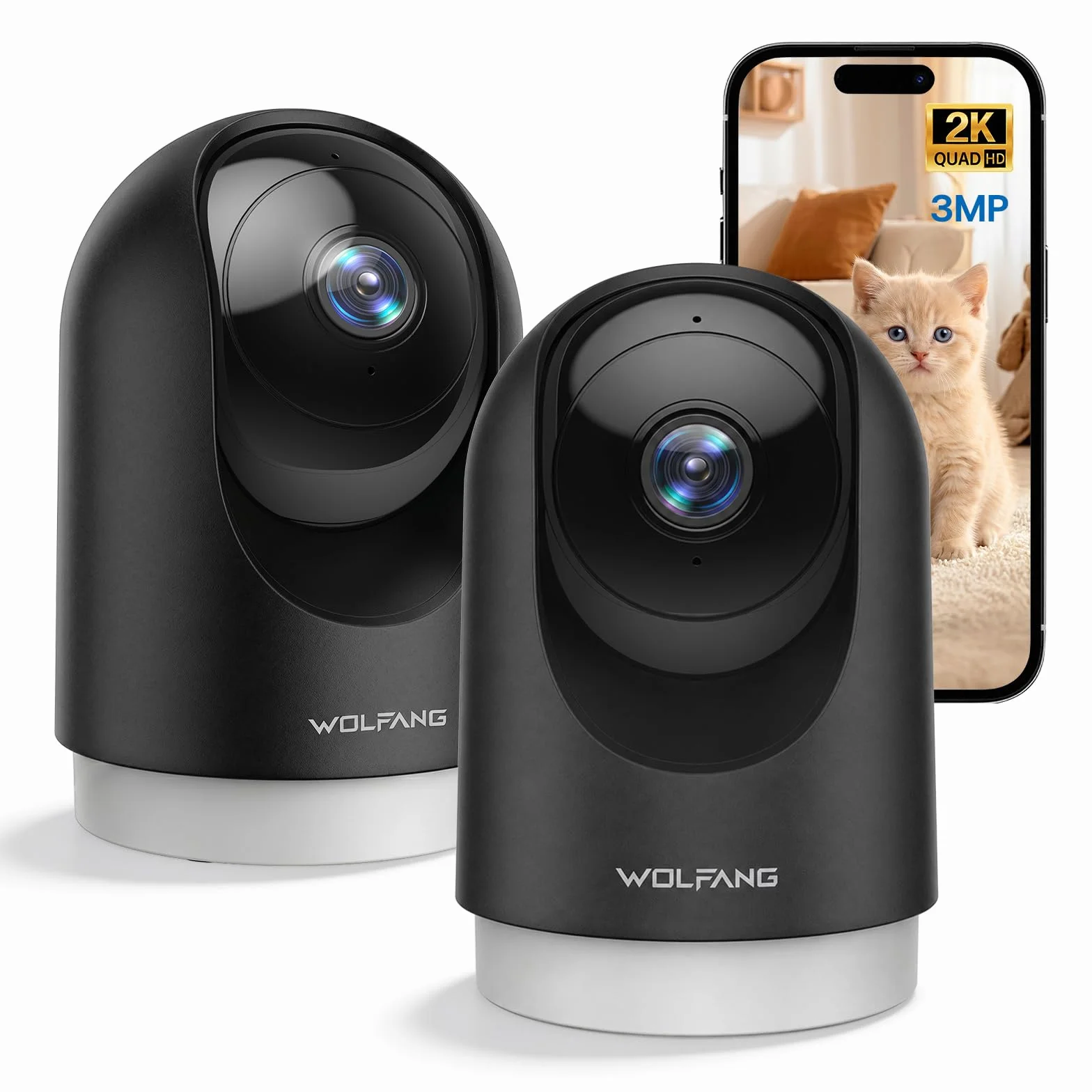 WOLFANG Kamera Wewnętrzna 2K, Kamera WiFi do Domu z Funkcją Obrotu 360° PTZ, Automatycznym Śledzeniem i Trybem Nocnym, Kamera dla Psa z Dwukierunkowym Audio, Kompatybilna z Alexa, Zestaw 2 Szt