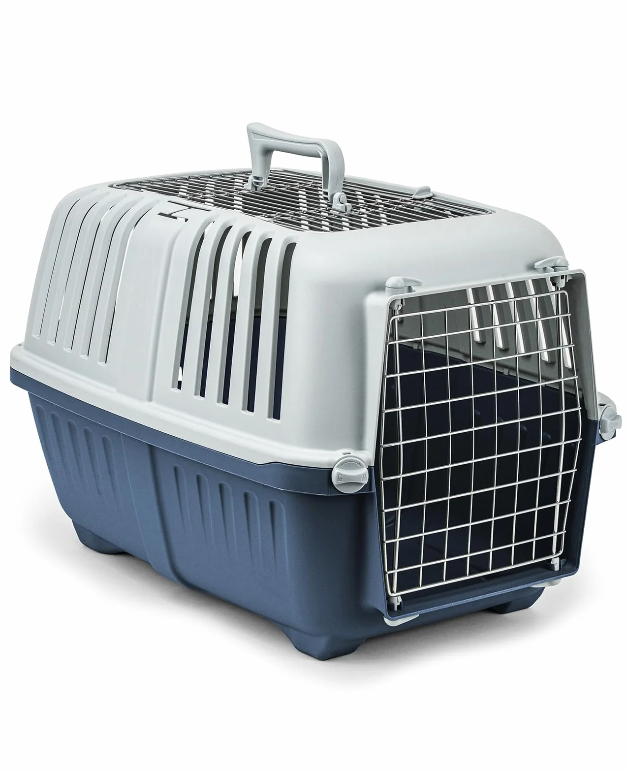 lionto Transporter dla psa z tworzywa sztucznego i kratką metalową, 58,5x35,5x40 cm, z uchwytem i zamknięciem, idealny także dla kota i małych zwierząt, do 15 kg, niebieski