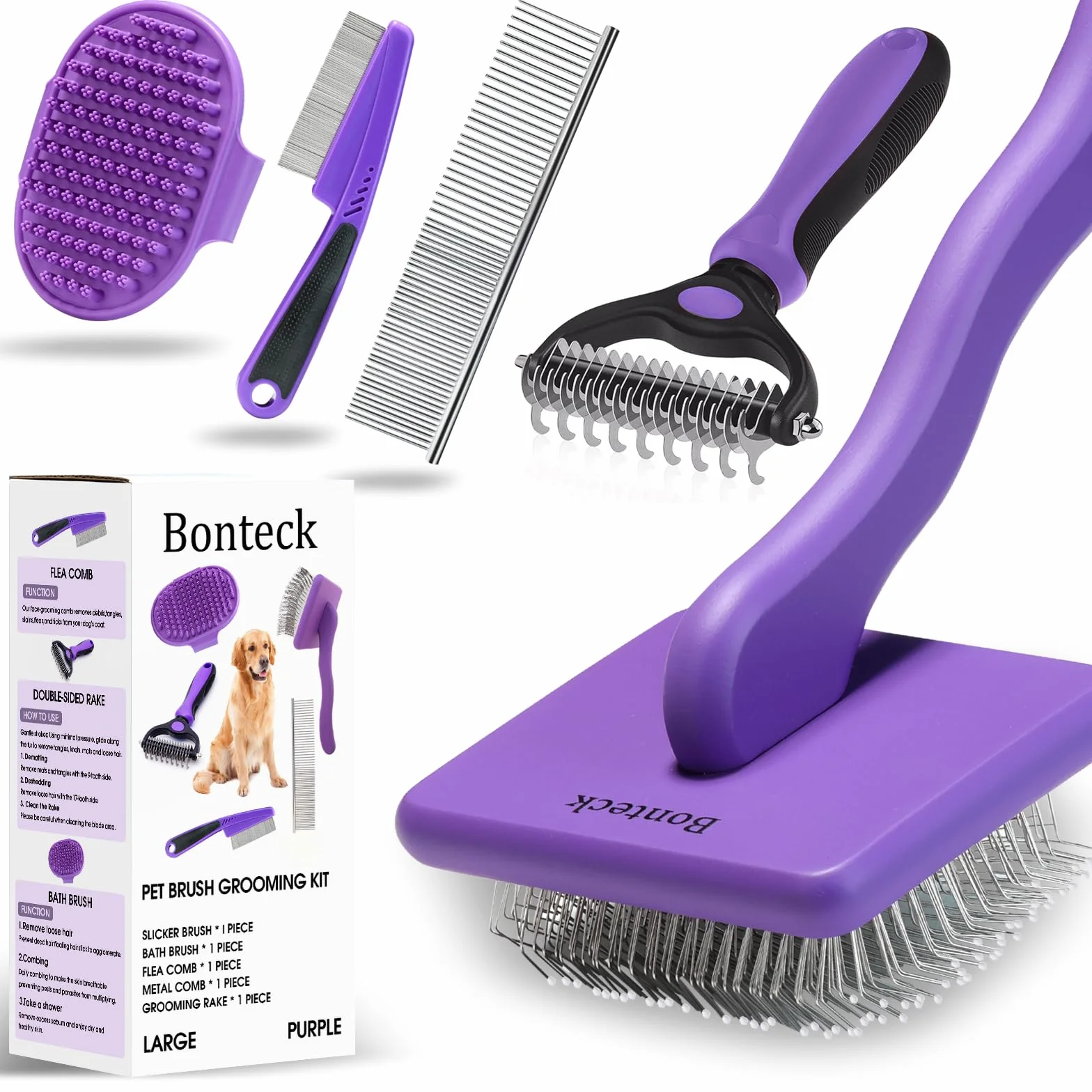 Bonteck Szczotka do pielęgnacji psów, zestaw 4 szt., duża szczotka dla psów do goldendoodles, bazgrołów, szczotka z długimi włosami, szczotki do kąpieli dla psów, grzebień na pchły, fioletowa