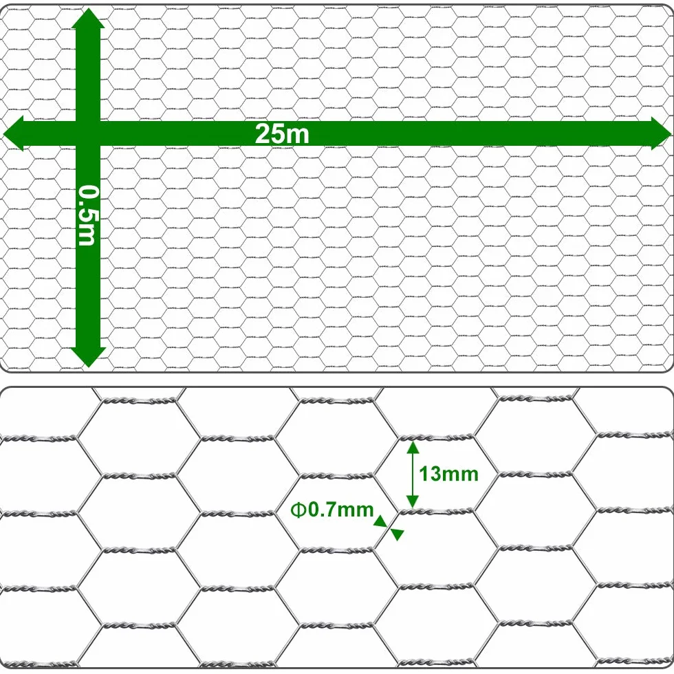 Amagabeli ocynkowany drut dla drobiu, 0,5 m x 25 m (sześciokątne otwory 13 mm), grubość 0,7 mm (grubość 22), siatka dla drobiu, ogrodzenie dla królików i psów, obudowa dla zwierząt ogrodowych, odporna