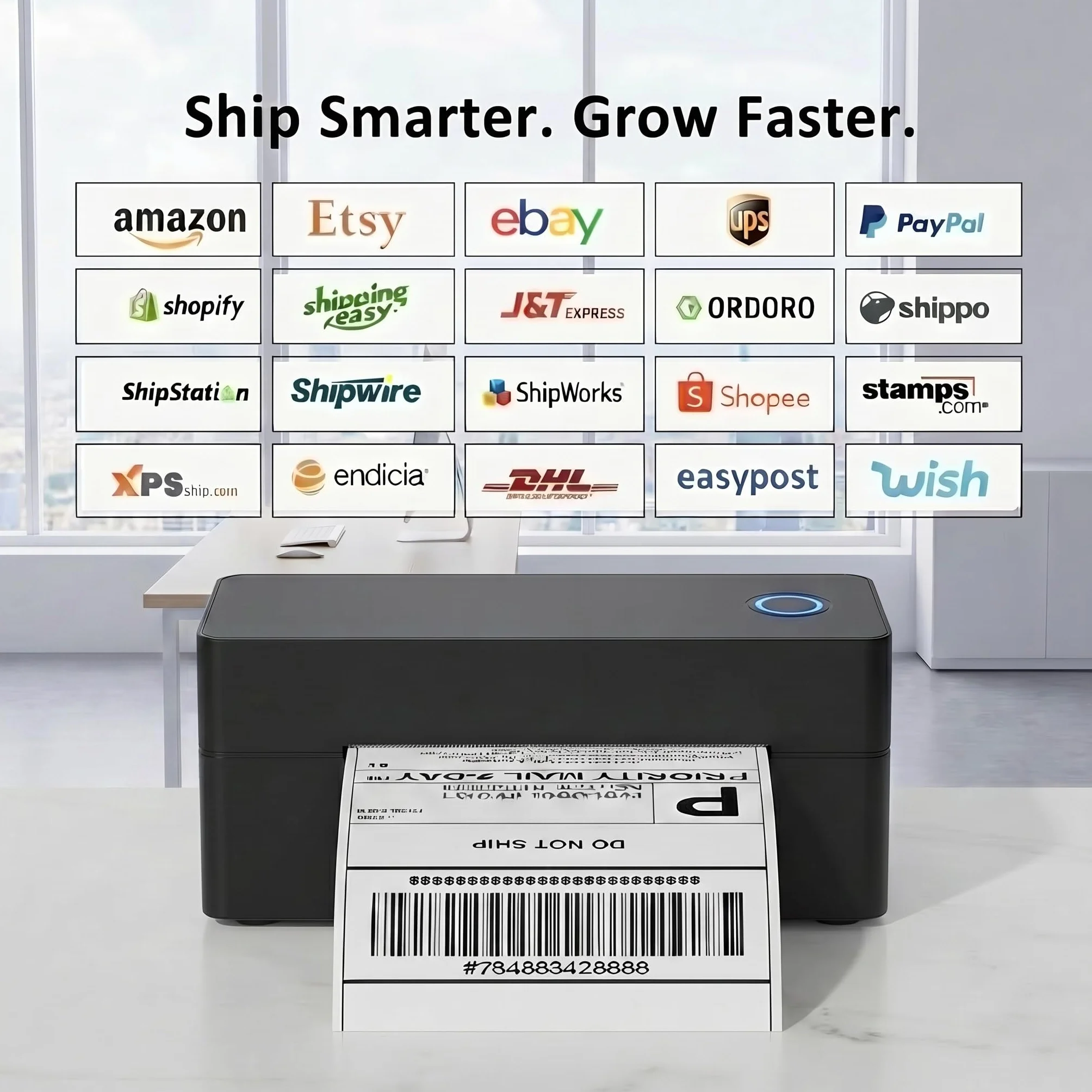 Drukarka etykiet Bluetooth 4x6 (100x150mm), termiczna drukarka do etykiet wysyłkowych DHL, Amazon FBA i Shopify, w zestawie: stojak, pendrive (sterownik) i 30 etykiet, kompatybilna z iOS/Android