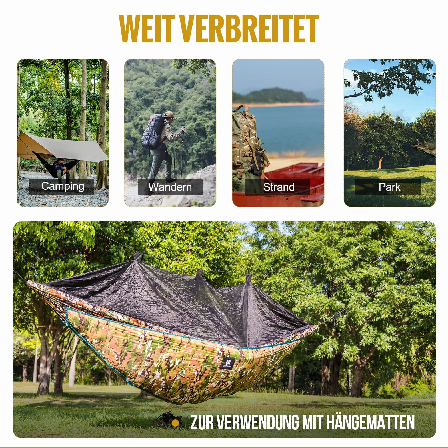 OneTigris Hideout Hamak, mata pod hamak, podsufitki, ochrona cieplna, ultralekki, do aktywności na świeżym powietrzu, wędrówek, na kemping, 280 x 120 cm, moro