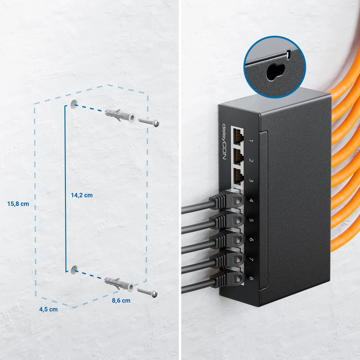 deleyCON CAT 6 Patch Panel Krosownica 8 Portów 1U Montaż na Biurku i Ścianie Ekranowany 8x Gniazdo RJ45 LAN Kabel Instalacyjny Sieci LAN TIA568A TIA568B RAL 9005 Czarny