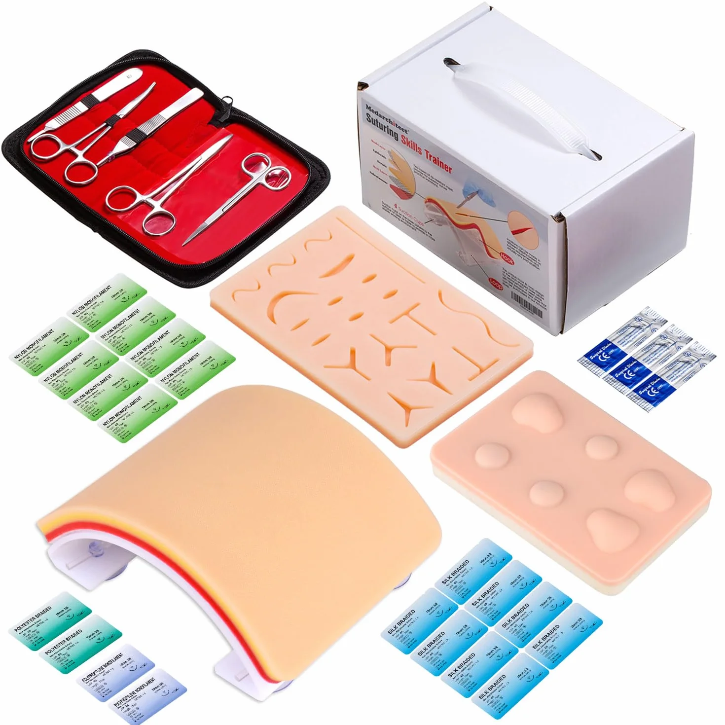 Medarchitect Suturing Skill Trainer 40 szt. Podkładka do szycia nacięć DIY z wymiennym projektem na rzep, 19 podkładek na rany, narzędzia do praktyki szwów
