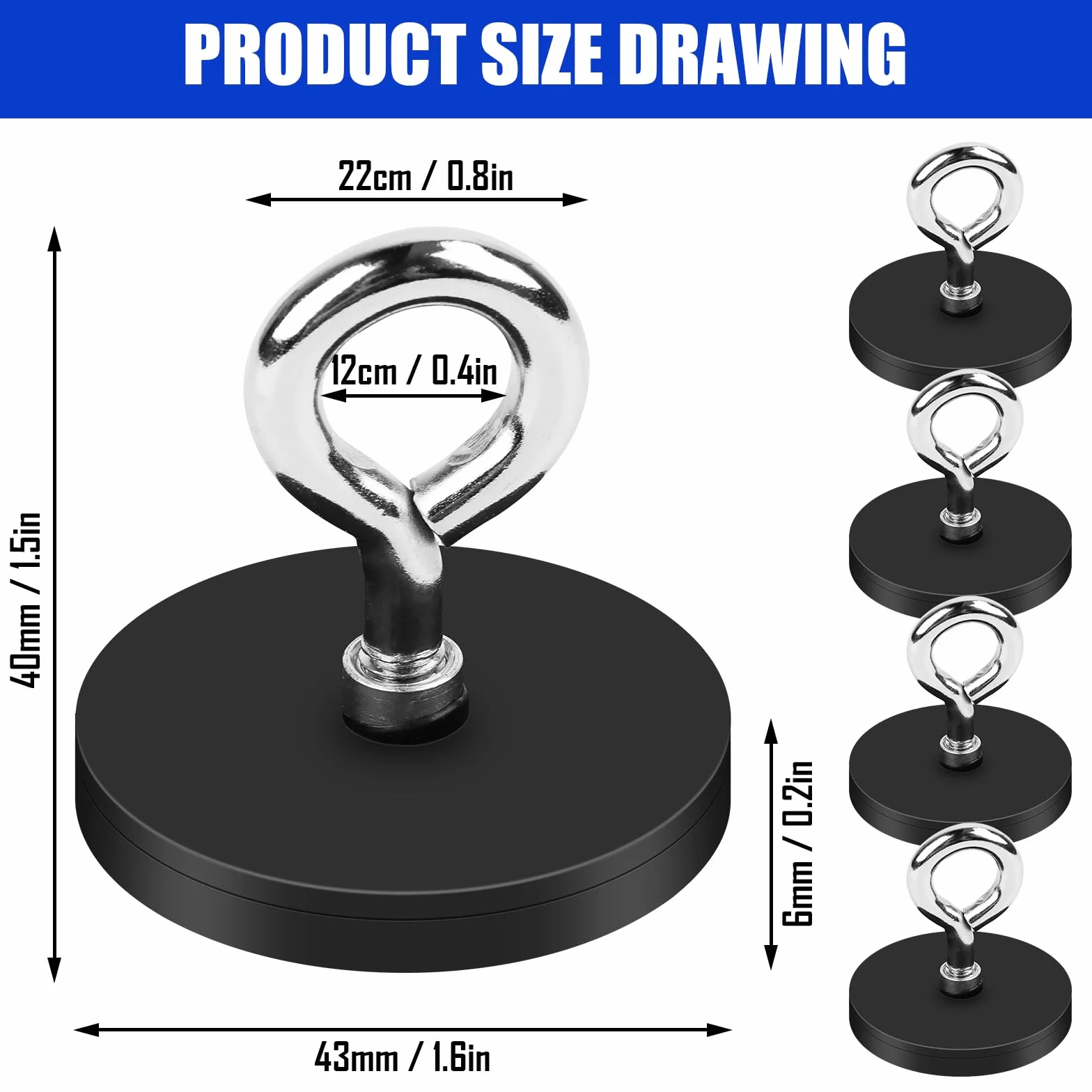 Silne magnesy neodymowe, 4 sztuki, okrągły magnes z pierścieniem do zawieszania M6, 43 mm, wkręcany magnes ziem rzadkich z otworem, gumowane magnesy, gwint zewnętrzny do warsztatu, rejsu