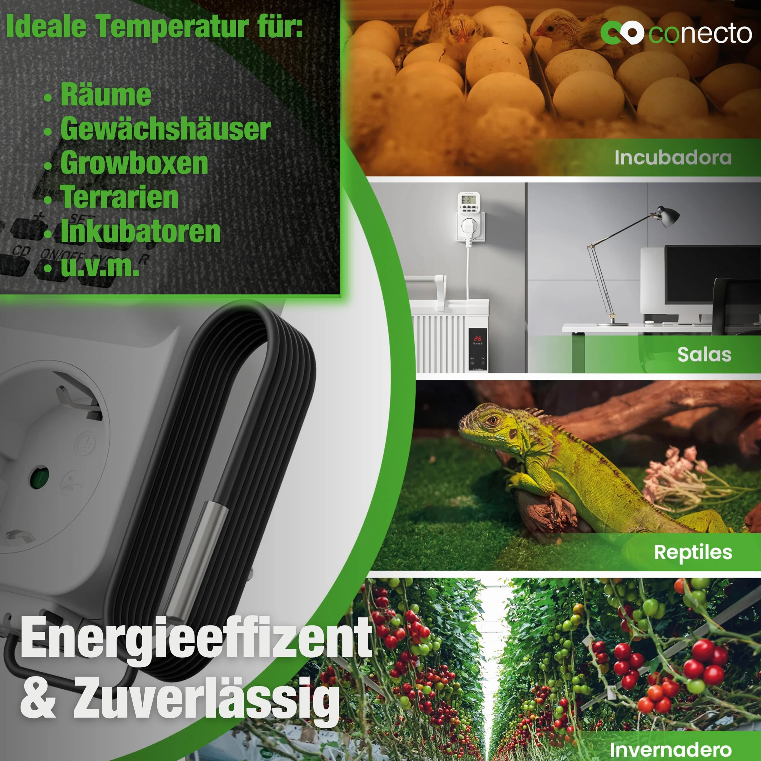 conecto Cyfrowy termostat z czujnikiem zewnętrznym i timerem do terrarium, szklarni, palacza, ogrzewania, regulator temperatury, mróz, 3600 W, biały
