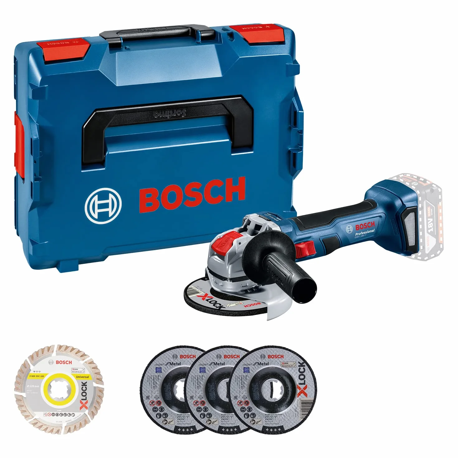 System profesjonalny 18V firmy Bosch: akum. szlifierka kątowa GWX 18V-7 (Ø tarczy 125 mm, odpowiednik 700 W, uch. X-LOCK, 5-cz. zest. osprz. do cięcia i szlif., wal. L-BOXX) – zestaw Amazon Exclusive