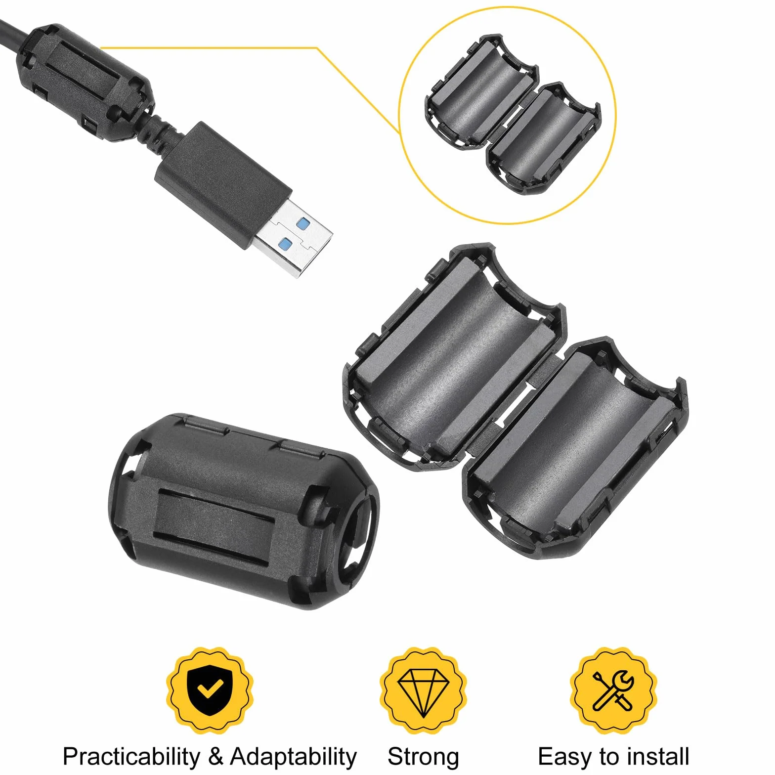 QUARKZMAN 20 szt. Clip-on Ferrite Ring Core (5 rozmiarów), pierścienie ferrytowe EMI RFI do kabli 3,5 mm/5 mm/7 mm/9 mm/13 mm, czarny