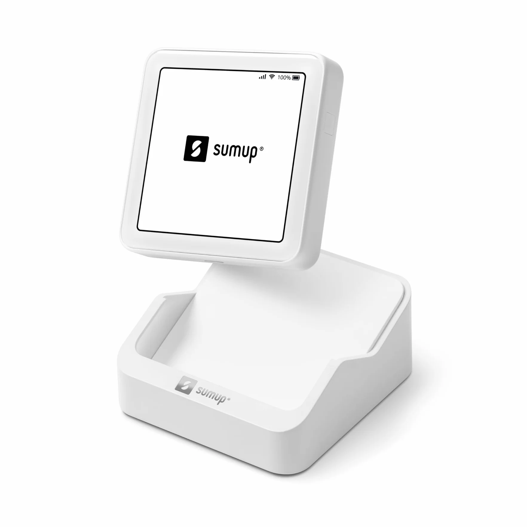 SumUp Solo czytnik kart kredytowych ze stacją ładującą firmy SumUp. Pełny interfejs ekranu dotykowego z bezpłatną kartą SIM z nieograniczoną liczbą danych mobilnych