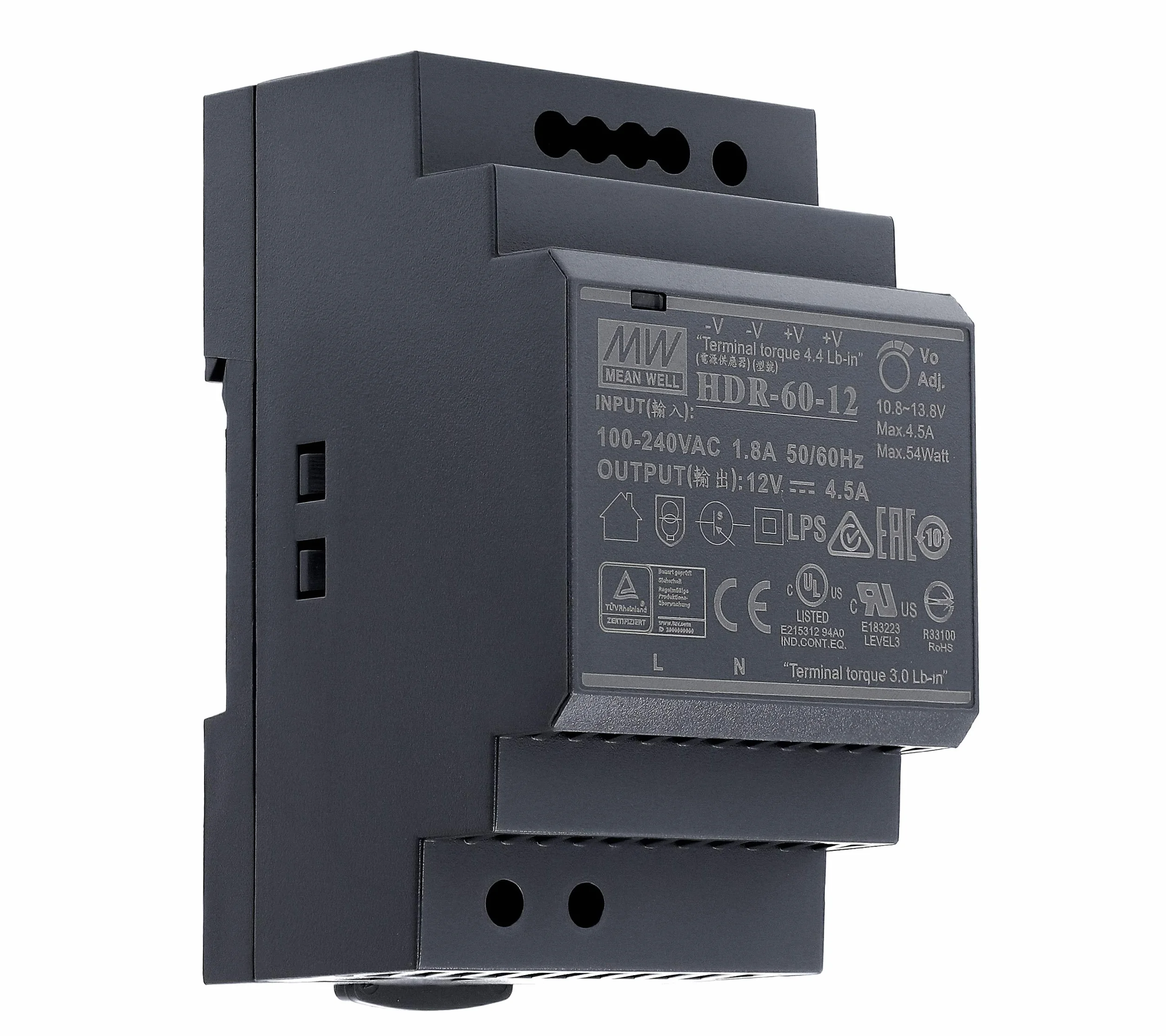 12 VDC | 4,5 A | 54 W | Mean Well HDR-60-12 zasilacz szynowy DIN-Rail