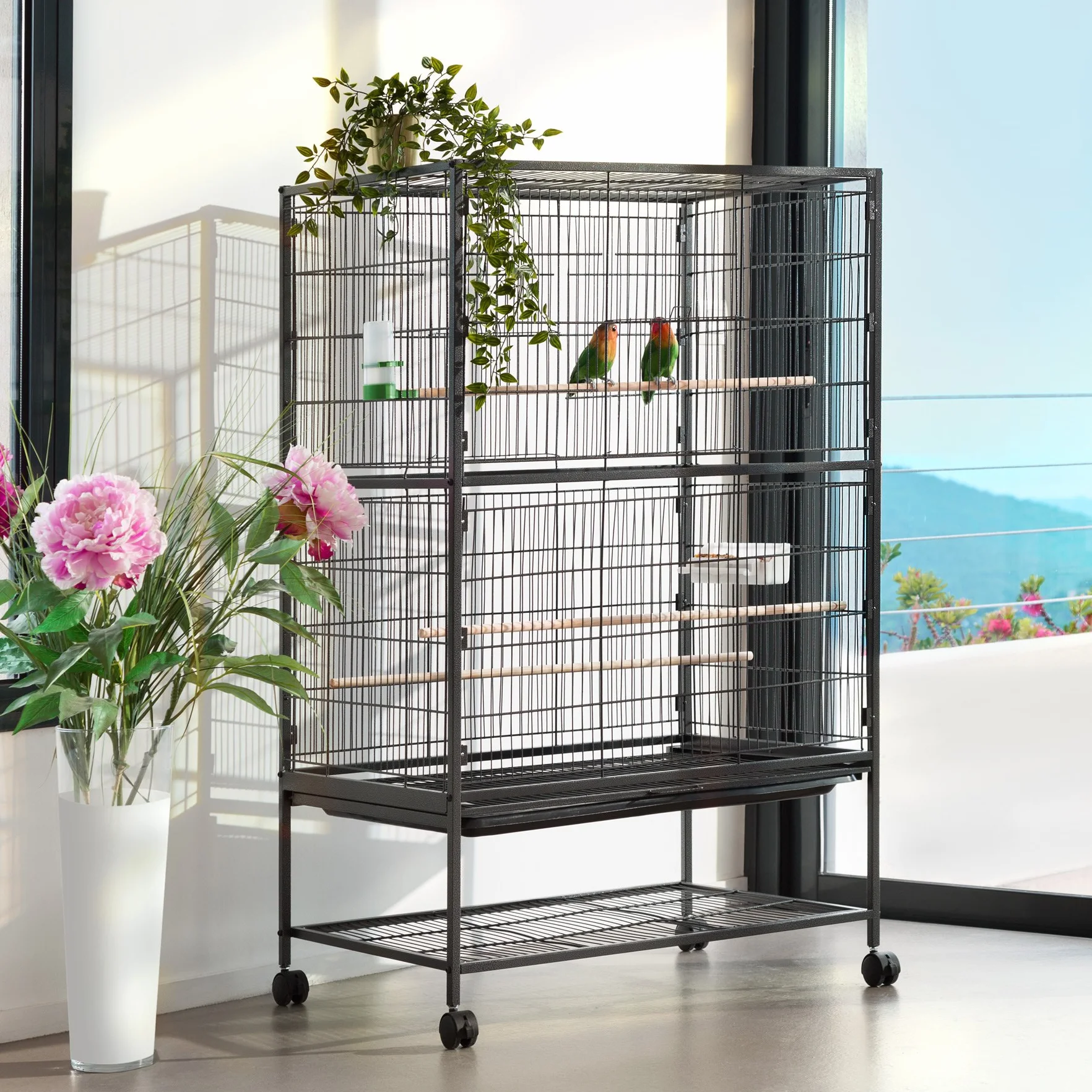 tectake 402287 Woliera dla ptaków klatka dla ptaków z 3 drążkami, szufladą na piasek i rolkami, 78 x 52 x 131 cm